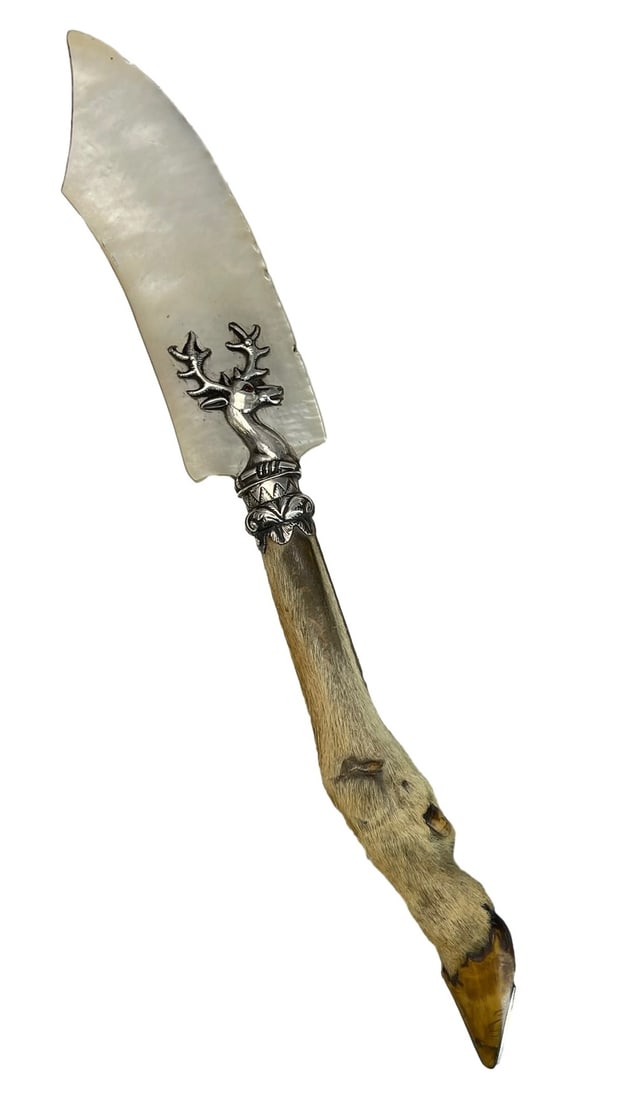 A STERLING SILVER DEER-HOOF LETTER OPENER WITH GEM-SET EYES AND MOTHER-OF-PEARL HANDLE, CIRCA 1900 (1 of 4)