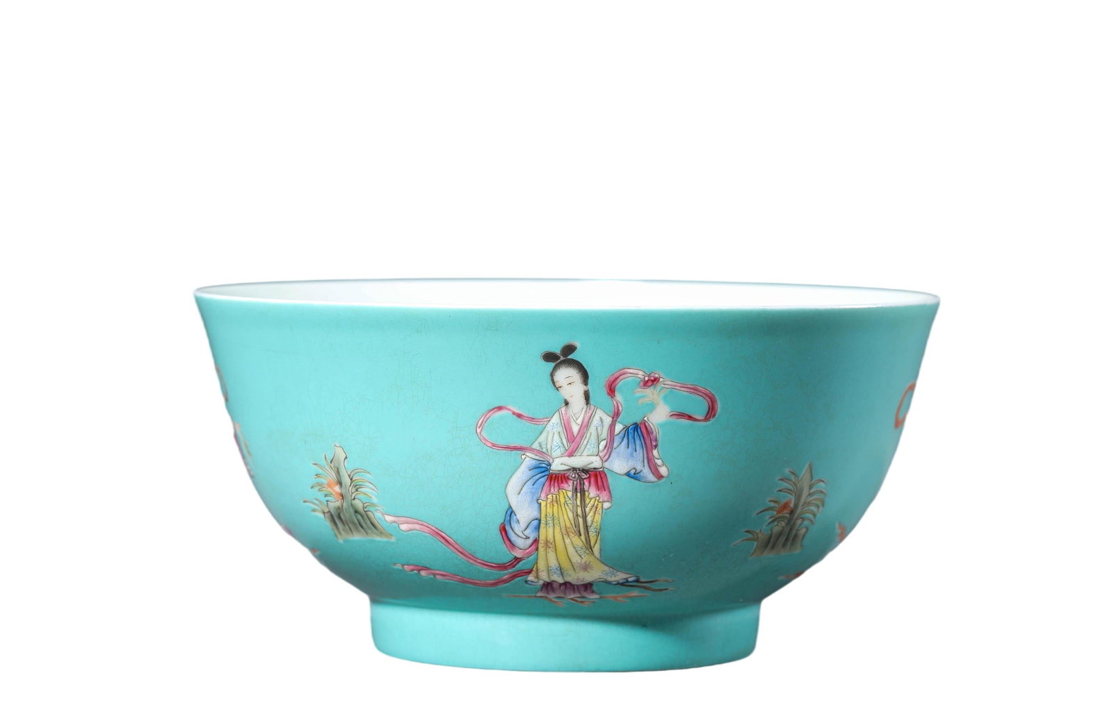 A TURQUOISE-GREEN GROUND FAMILLE ROSE 'LADIES' BOWL: A TURQUOISE-GREEN GROUND FAMILLE ROSE 'LADIES' BOWL Diameter: 15.5 cm (6.1 in.), Height: 7.5 cm (3.0 in.). All measurements are approximate.