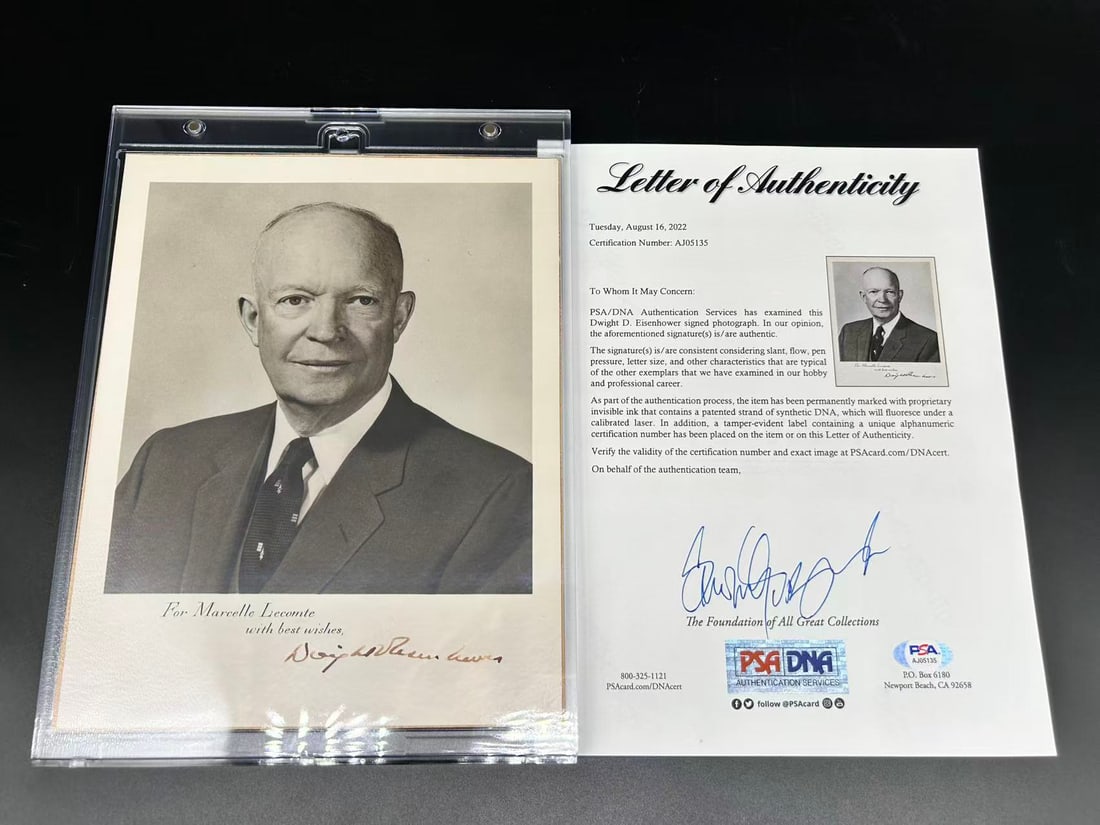 DWIGHT D. EISENHOWER SIGNED PHOTOGRAPH, WITH PSA/DNA FULL LOA: DWIGHT D. EISENHOWER SIGNED PHOTOGRAPH, WITH PSA/DNA FULL LOA Length: 8 cm (3.1 in.), Width: 10 cm (3.9 in.). All measurements are approximate.