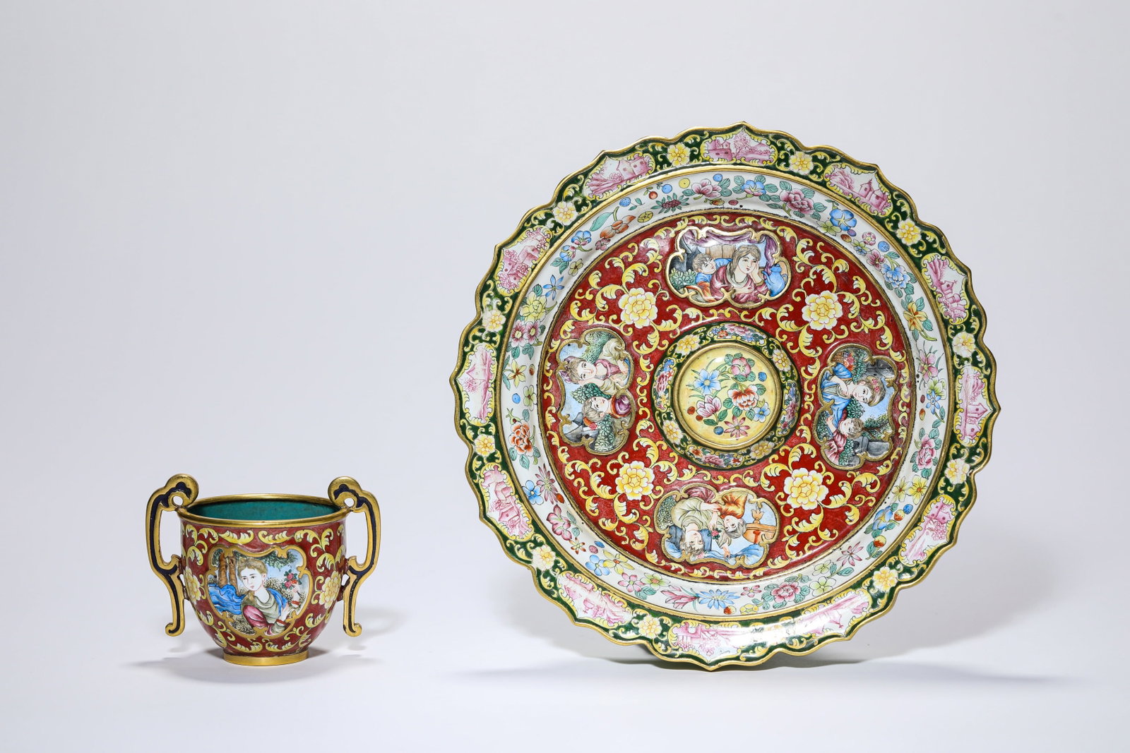 A SET OF COPPER-BODY PAINTED ENAMEL 'FLOWERS AND FIGURES' CUPS AND SAUCERS: A SET OF COPPER-BODY PAINTED ENAMEL 'FLOWERS AND FIGURES' CUPS AND SAUCERS Weight: 429 g, Width: 17.1 cm (6.7 in.), Height: 7.5 cm (3.0 in.). All measurements are approximate.