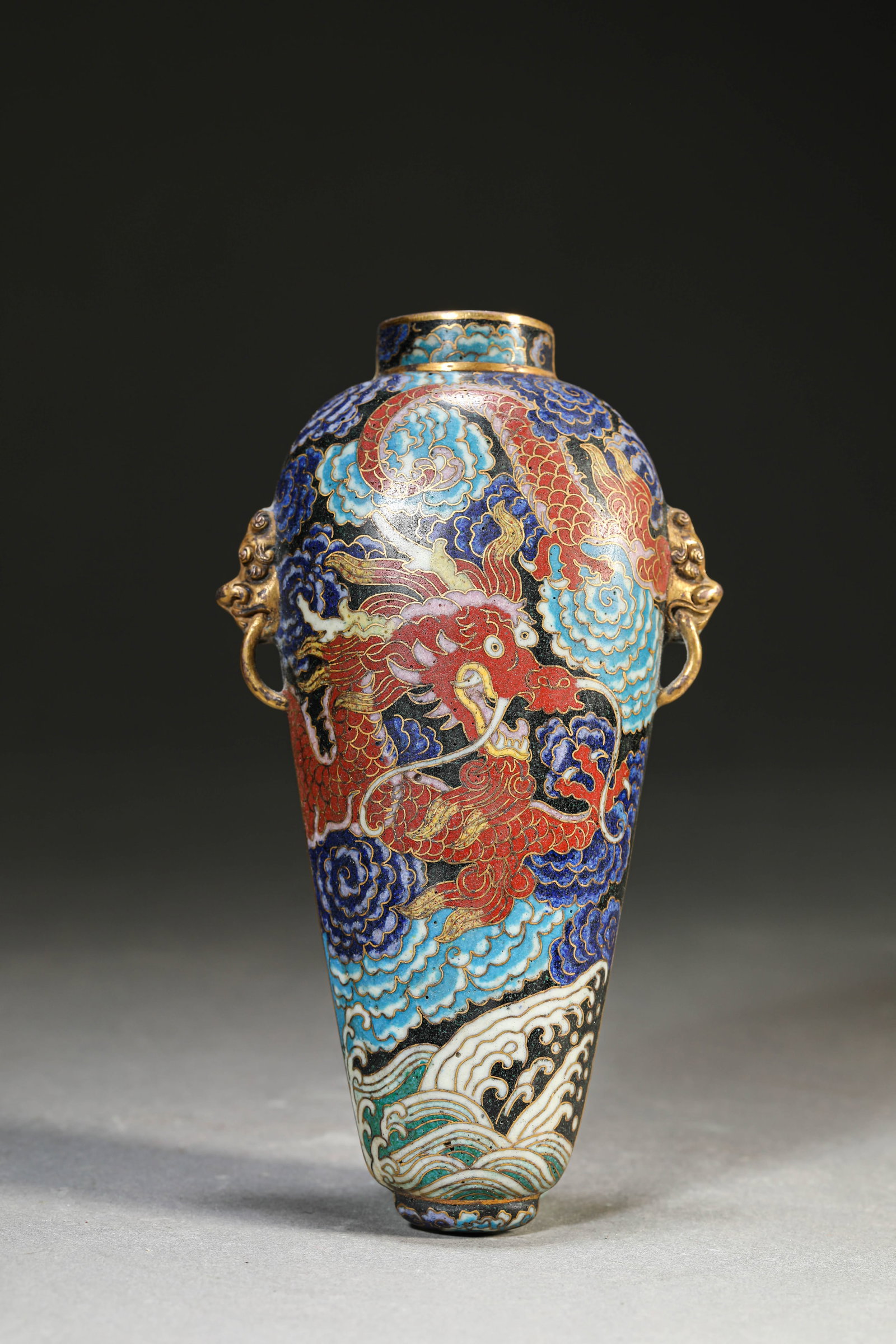 A COPPER-BODY CLOISONNé 'DRAGON' WALL VASE: A COPPER-BODY CLOISONNé 'DRAGON' WALL VASE Weight: 236 g, Width: 8.6 cm (3.4 in.), Height: 15.5 cm (6.1 in.). All measurements are approximate.