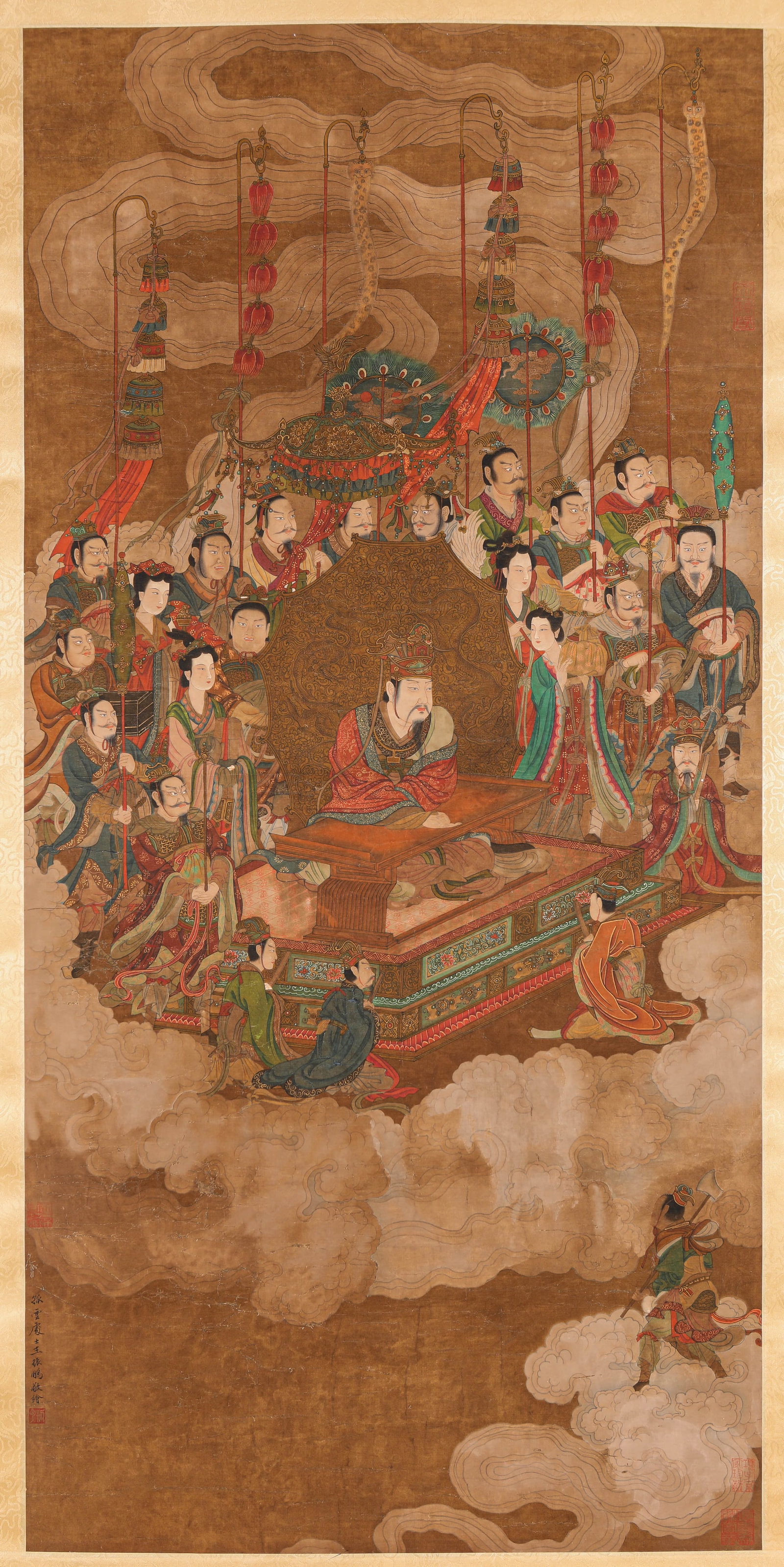 WANG ZHENPENG (ACTIVE 1280-1329), ATTRIBUTED TO, THREE-FOLD SCREEN: WANG ZHENPENG (ACTIVE 1280-1329), ATTRIBUTED TO, THREE-FOLD SCREEN Width: 68.5 cm (27.0 in.), Height: 141 cm (55.5 in.). All measurements are approximate.
