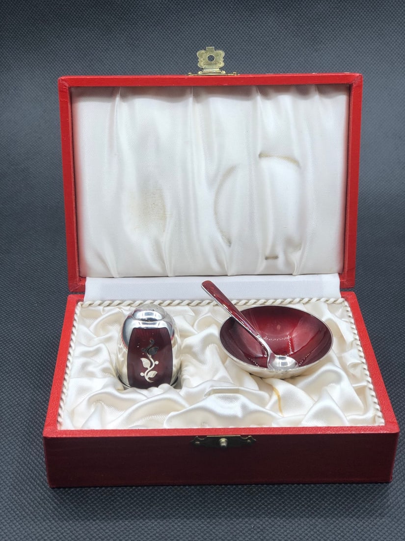 DANISH STERLING SILVER AND RED ENAMEL MINIATURE PEPPER SHAKER, SALT CELLAR, AND SPOON SET, CIRCA (1 of 3)