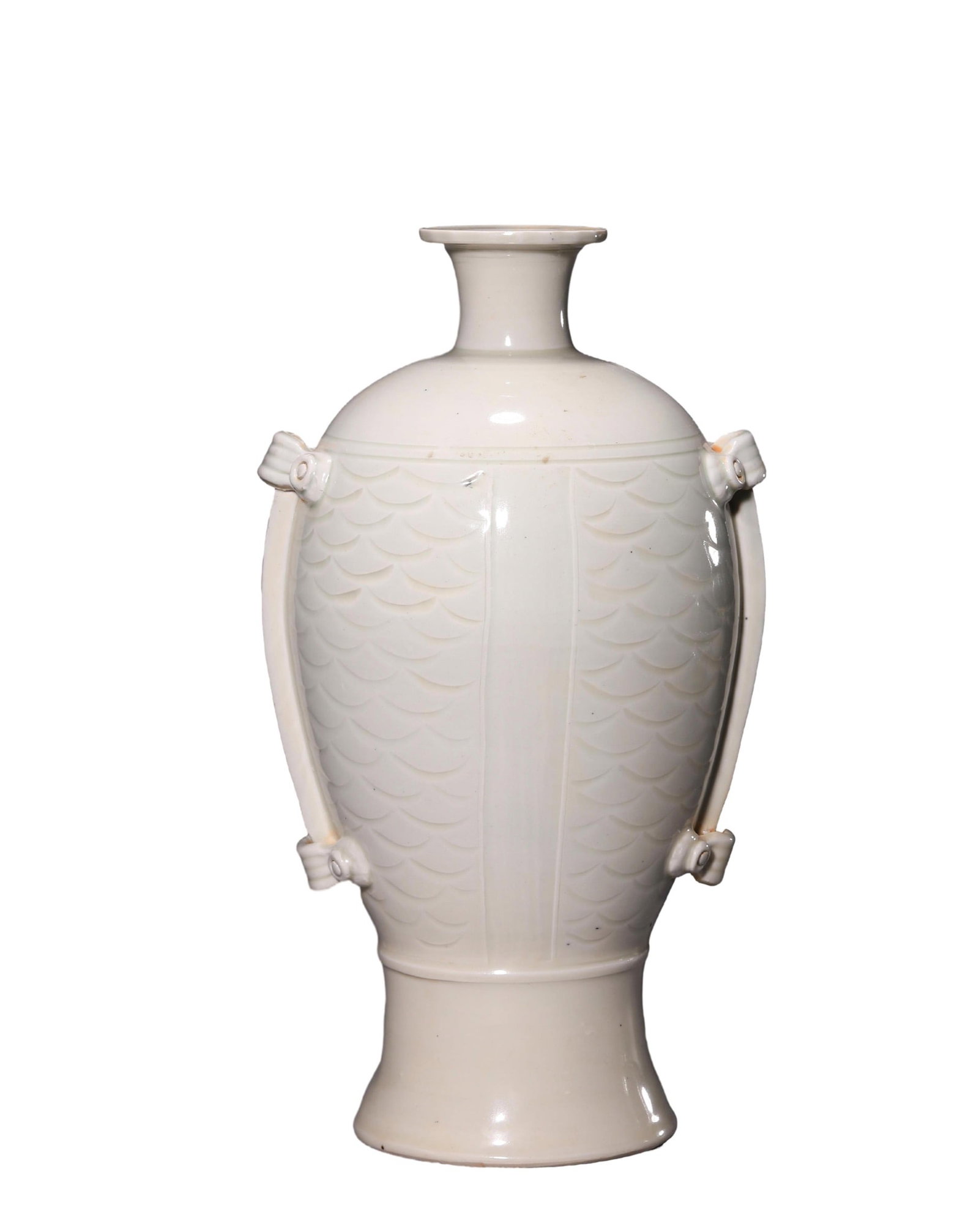 A DING WARE STRING-ATTACHED FOUR-LOOPED VASE: A DING WARE STRING-ATTACHED FOUR-LOOPED VASE Length: 14.5 cm (5.7 in.), Width: 12.6 cm (5.0 in.), Height: 26 cm (10.2 in.). All measurements are approximate.