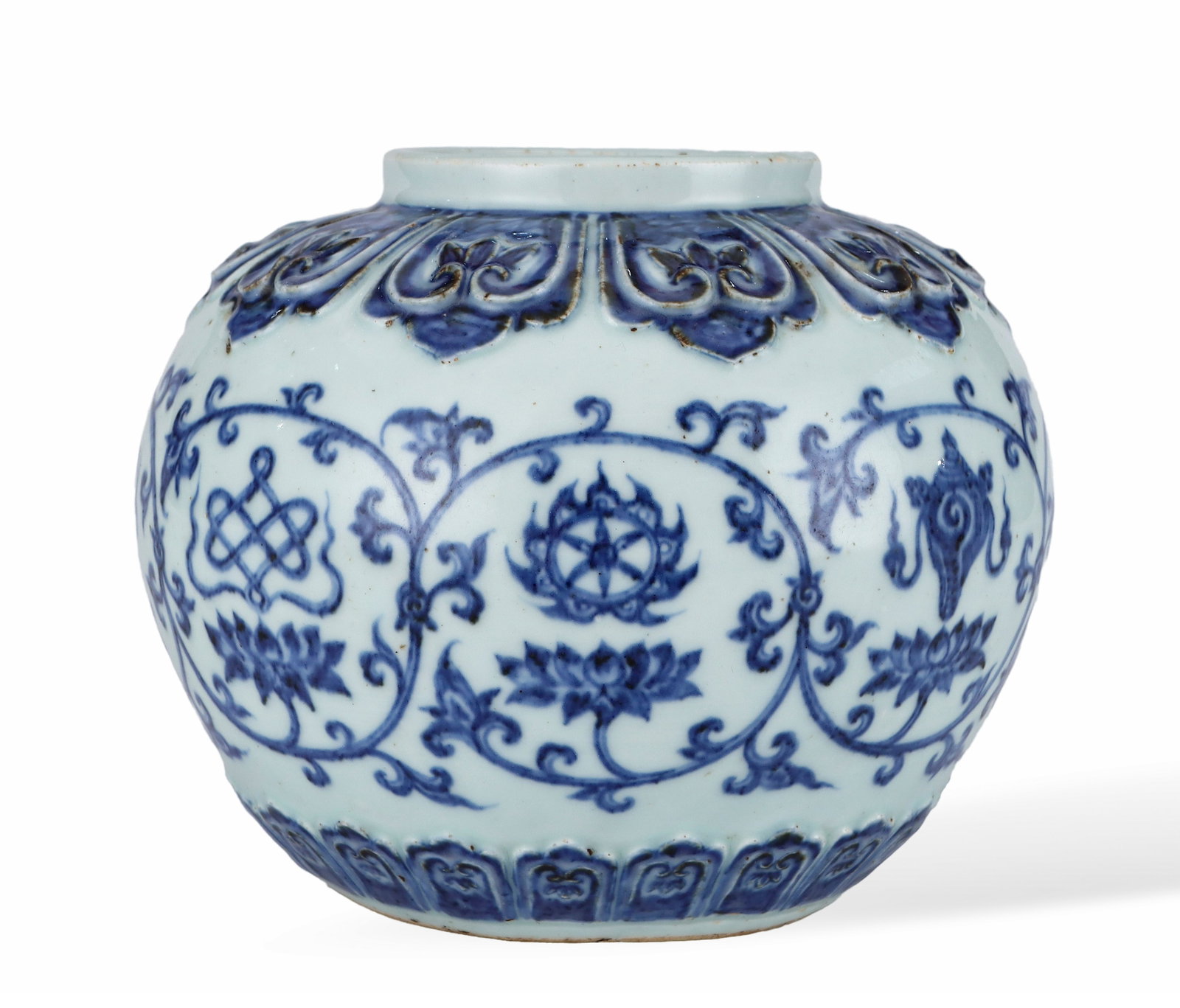 A BLUE AND WHITE 'INTERLOCKING LOTUS WITH EIGHT BUDDHIST EMBLEMS' JAR (1 of 6)