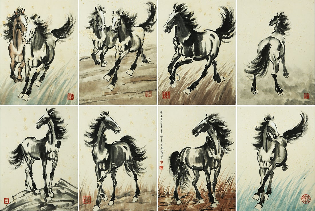 XU BEIHONG (1895-1953), ATTRIBUTED TO, EIGHT LEAVES OF GALLOPING STEEDS (1 of 9)