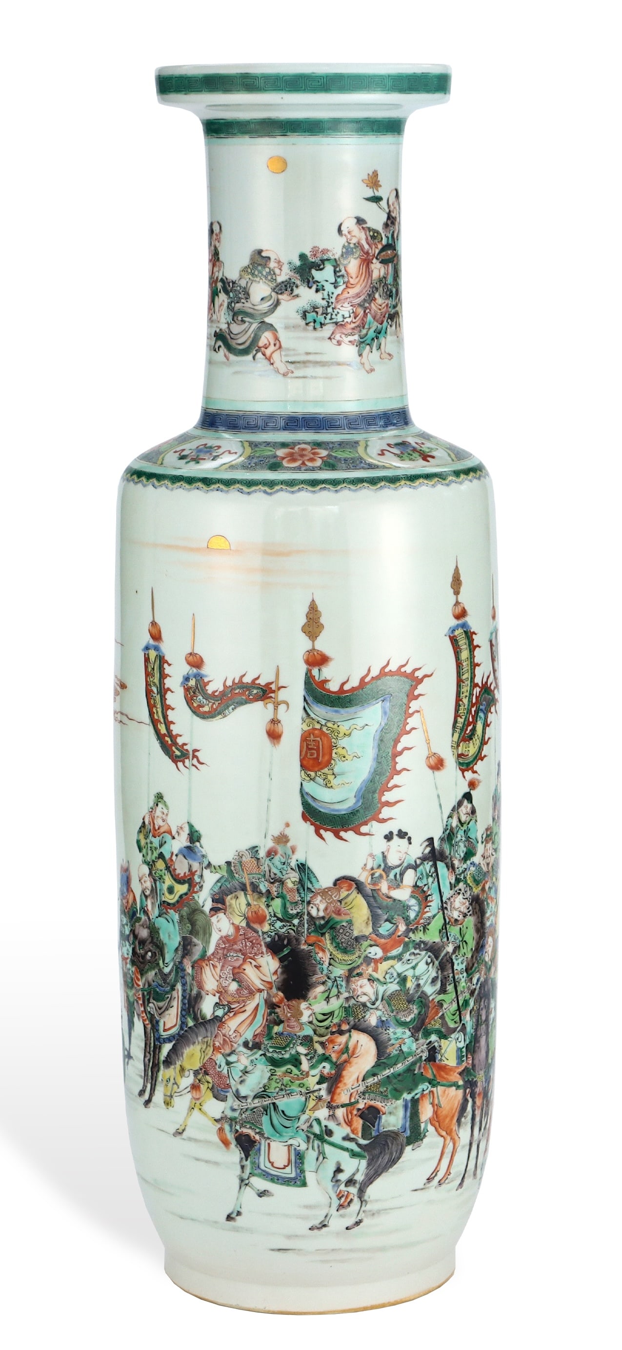 A WUCAI 'IMMORTALS AND FIGURES STOPPING THE ARMY' LARGE CLUB-SHAPED VASE: A WUCAI 'IMMORTALS AND FIGURES STOPPING THE ARMY' LARGE CLUB-SHAPED VASE Length: 25.5 cm (10.0 in.), Height: 80.5 cm (31.7 in.). All measurements are approximate.