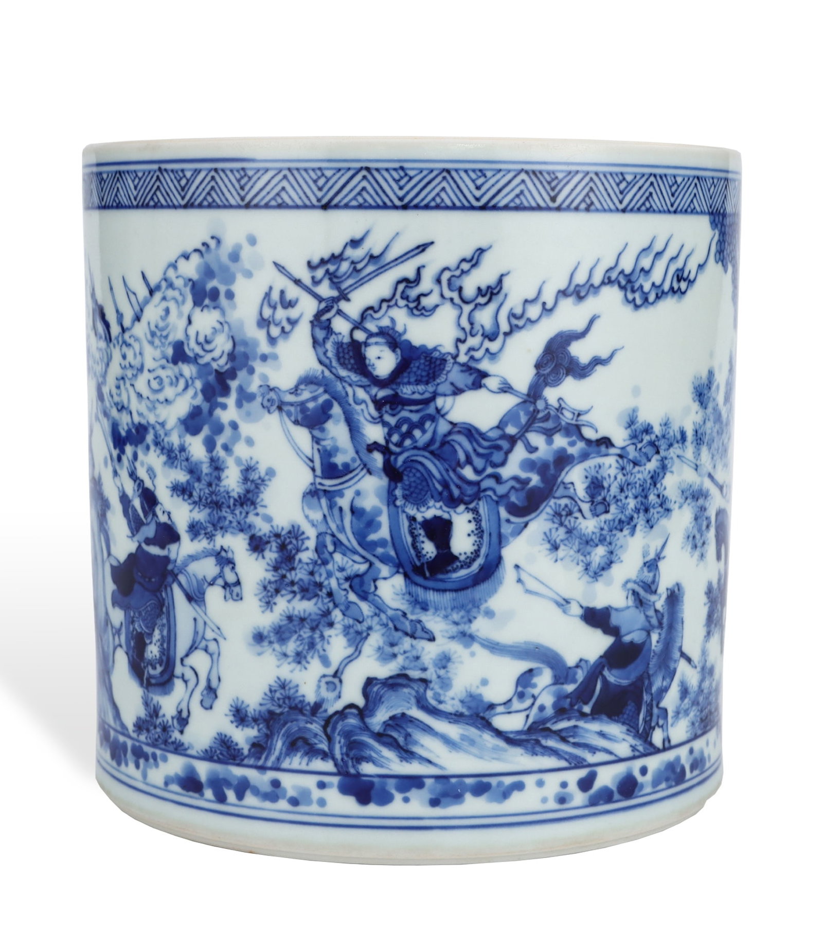 A BLUE AND WHITE 'WARRIOR FIGURES' BRUSH POT: A BLUE AND WHITE 'WARRIOR FIGURES' BRUSH POT Length: 19.5 cm (7.7 in.), Height: 19.2 cm (7.6 in.). All measurements are approximate.