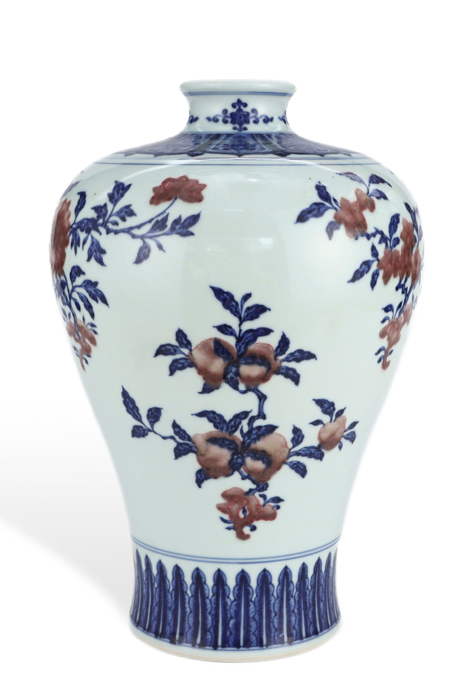 A BLUE AND WHITE WITH COPPER-RED 'BRANCHING AUSPICIOUS FRUITS' MEIPING: A BLUE AND WHITE WITH COPPER-RED 'BRANCHING AUSPICIOUS FRUITS' MEIPING Length: 22.5 cm (8.9 in.), Height: 33.5 cm (13.2 in.). All measurements are approximate.