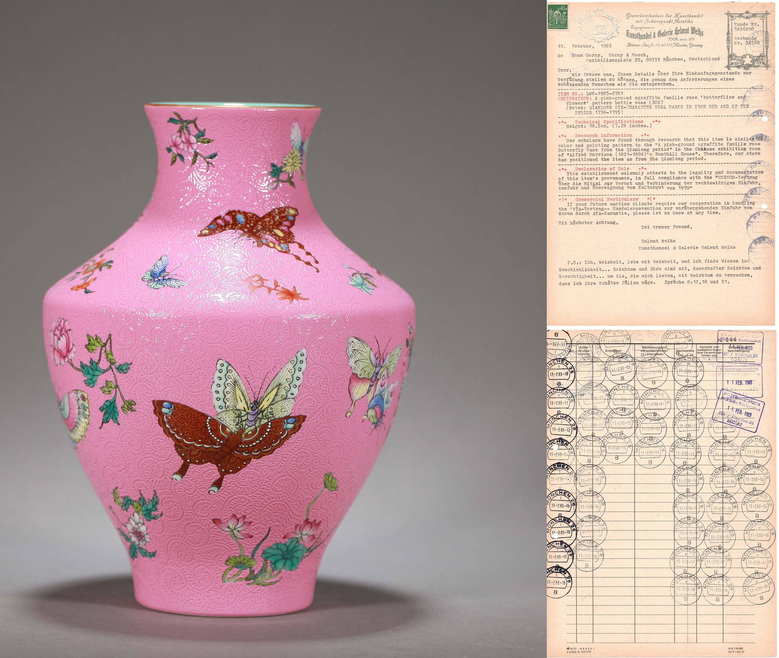 A RUBY RED-GLAZED FAMILLE ROSE 'FLOWERS AND BUTTERFLIES' VASE: A RUBY RED-GLAZED FAMILLE ROSE 'FLOWERS AND BUTTERFLIES' VASE Dimensions: Height: 18 cm (7.09 in.). All measurements are approximate.