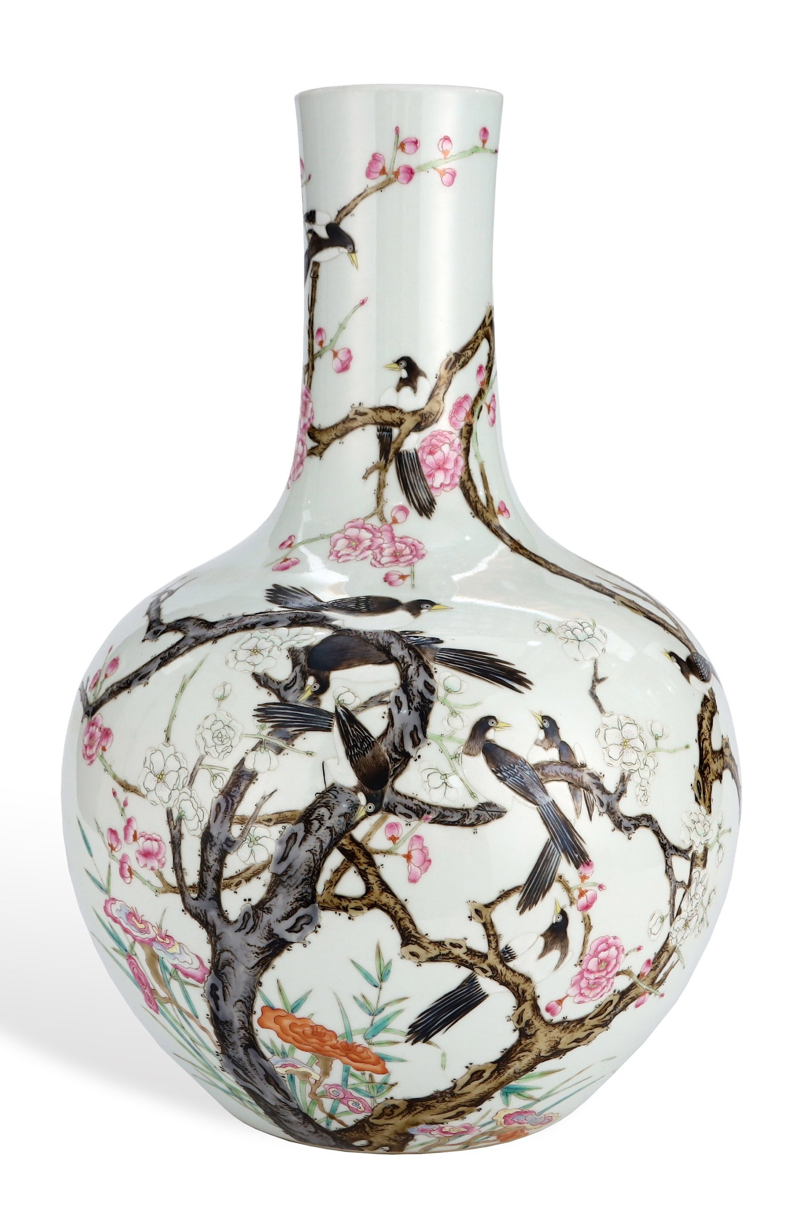 A FAMILLE ROSE 'MAGPIES ON PLUM BLOSSOM' CELESTIAL VASE: A FAMILLE ROSE 'MAGPIES ON PLUM BLOSSOM' CELESTIAL VASE Length: 29 cm (11.4 in.), Height: 44.3 cm (17.4 in.). All measurements are approximate.