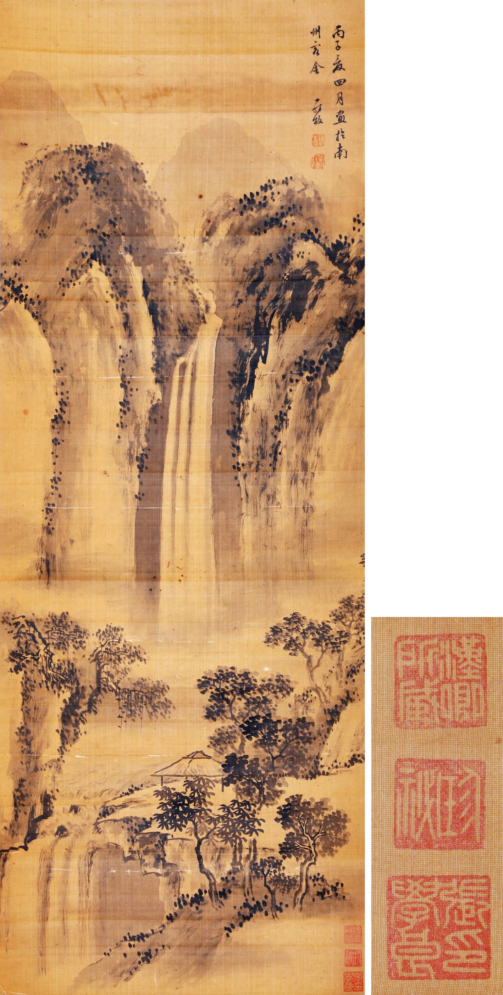LUO MU (1622-1706), ATTRIBUTED TO, WATERFALL AMONG PINES: LUO MU (1622-1706), ATTRIBUTED TO, WATERFALL AMONG PINES Formerly in the collection of Dingyuan Zhai. Dimensions: Length: 115 cm (45.28 in.), Width: 43 cm (16.93 in.). All measurements are