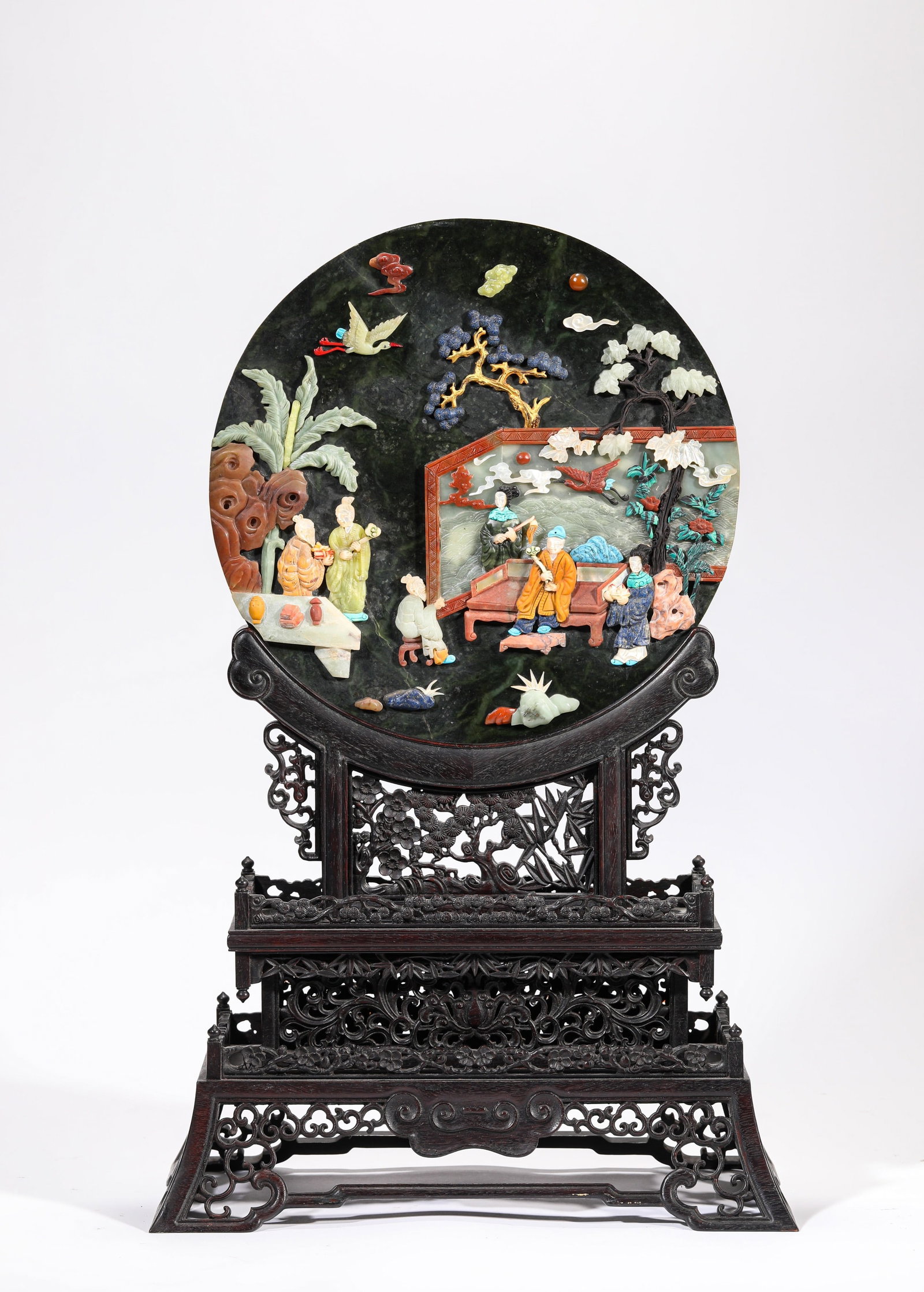 A GREEN JADE-INLAID POLYCHROME TREASURE GILT 'FIGURE STORIES AND LANDSCAPE' TABLE SCREEN (1 of 6)