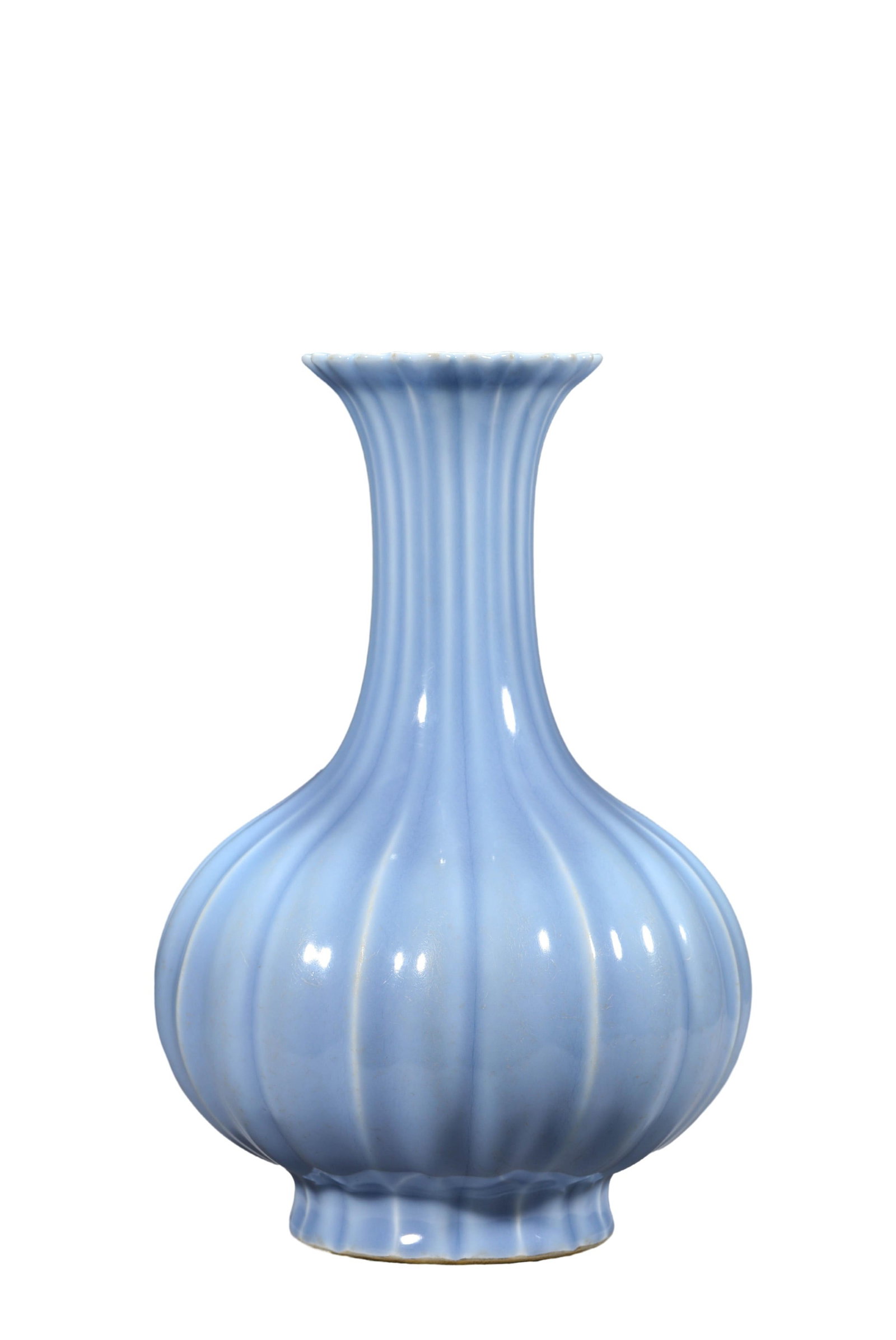 A SKY-BLUE GLAZED MELON-RIBBED LOBED-MOUTH VASE: A SKY-BLUE GLAZED MELON-RIBBED LOBED-MOUTH VASE Diameter: 20.6 cm (8.1 in.), Height: 31.6 cm (12.4 in.). All measurements are approximate.