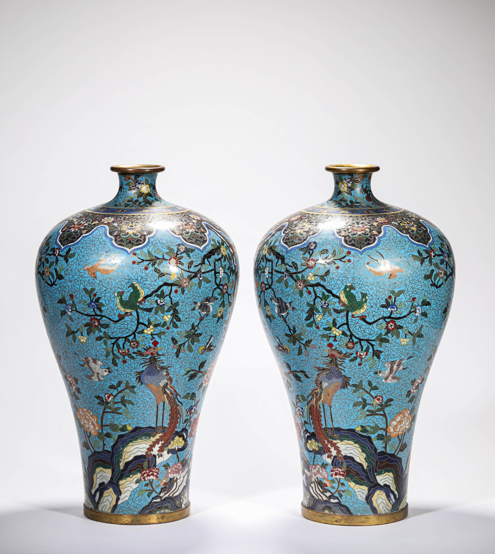 A PAIR OF COPPER-BODY CLOISONNé 'FLOWERS AND BIRDS' MEIPING: A PAIR OF COPPER-BODY CLOISONNé 'FLOWERS AND BIRDS' MEIPING Weight: 6 kg, Width: 22.7 cm (8.9 in.), Height: 40.5 cm (15.9 in.). All measurements are approximate.