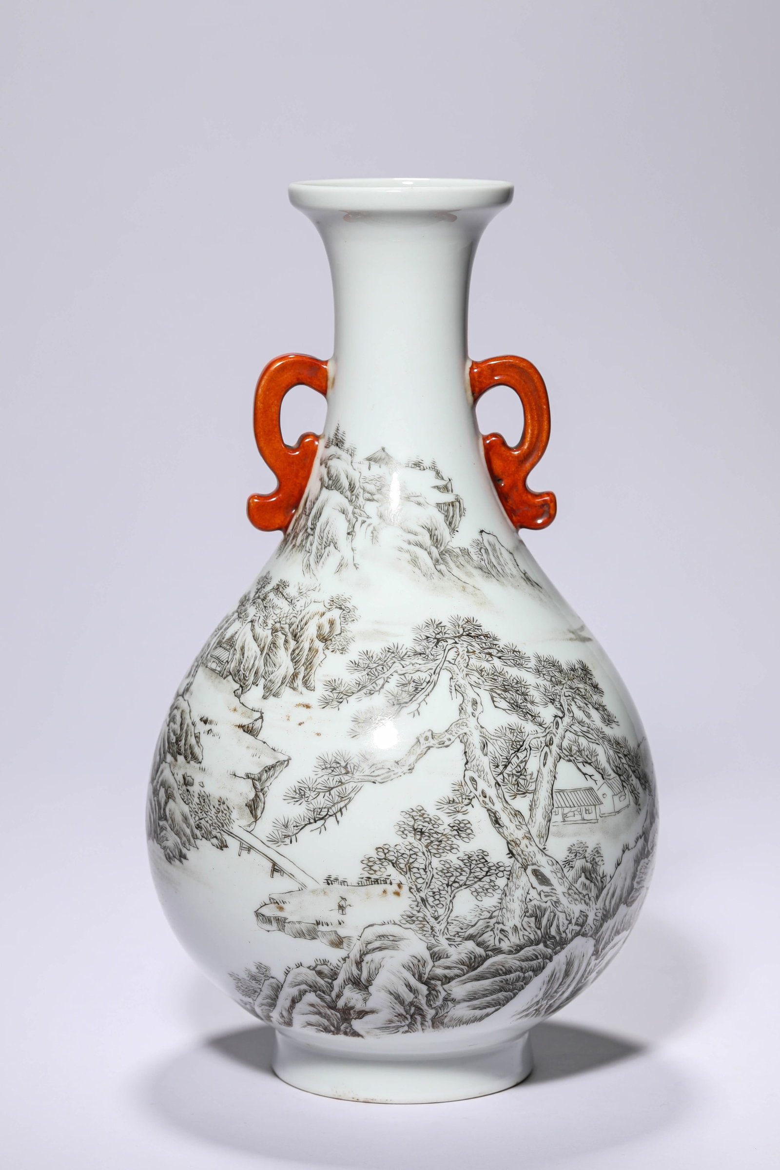 A GRISAILLE 'LANDSCAPE' RUYI-HANDLED VASE: A GRISAILLE 'LANDSCAPE' RUYI-HANDLED VASE Diameter: 16.3 cm (6.4 in.), Height: 29.4 cm (11.6 in.). All measurements are approximate.