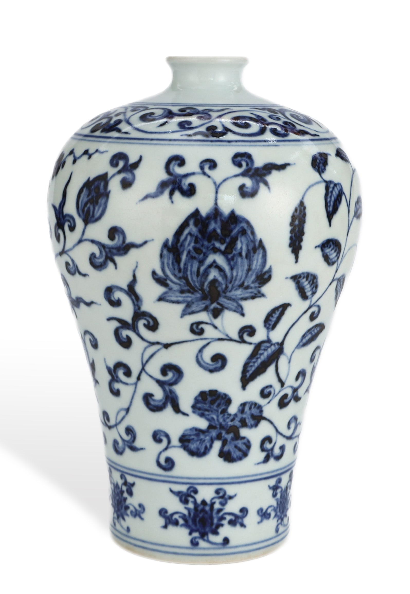 A BLUE AND WHITE 'INTERLOCKING LOTUS' MEIPING: A BLUE AND WHITE 'INTERLOCKING LOTUS' MEIPING Length: 17.3 cm (6.8 in.), Height: 27.2 cm (10.7 in.). All measurements are approximate.