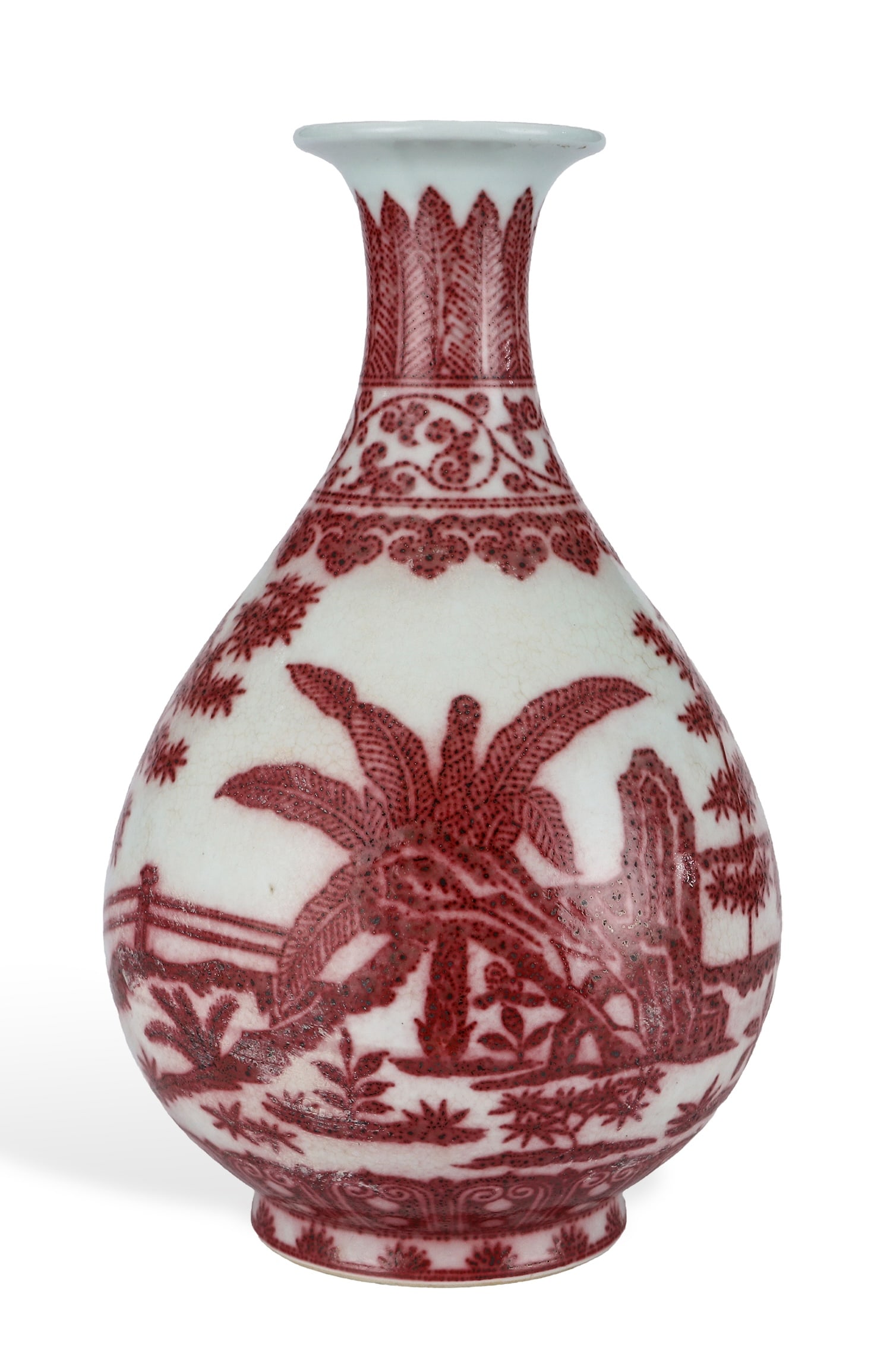 AN UNDERGLAZE RED 'PLANTAIN, BAMBOO AND ROCK' YUHUCHUN VASE: AN UNDERGLAZE RED 'PLANTAIN, BAMBOO AND ROCK' YUHUCHUN VASE Height: 32.3 cm (12.7 in.), Width: 20 cm (7.9 in.). All measurements are approximate.