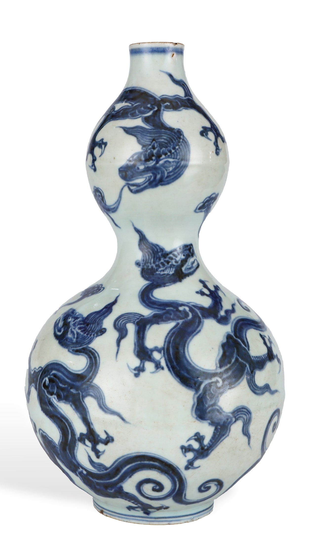 A BLUE AND WHITE 'DRAGON' GOURD-SHAPED VASE: A BLUE AND WHITE 'DRAGON' GOURD-SHAPED VASE Height: 31.5 cm (12.4 in.), Width: 17.8 cm (7.0 in.). All measurements are approximate.