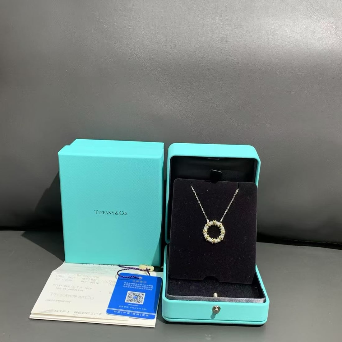 Tiffany & Co. 18K Gold & Platinum Diamond Pendant Necklace, Unisex: Authentic Tiffany & Co. Sixteen Stone diamond necklace, crafted in 18K yellow gold and platinum. Features 16 sparkling brilliant diamonds. Purchased in 2025, with original box. Classic, versatile and 
