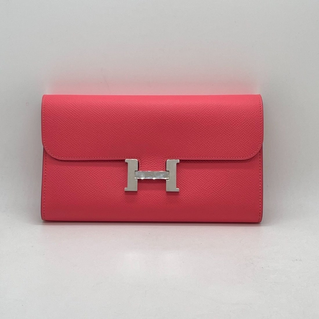 Authentic Hermes Constance Long Wallet Epsom Rose Azalee Silver HW Stmap A: Normal wear, minor leather damage on flip edge, scratches on hardware, clean inside and out