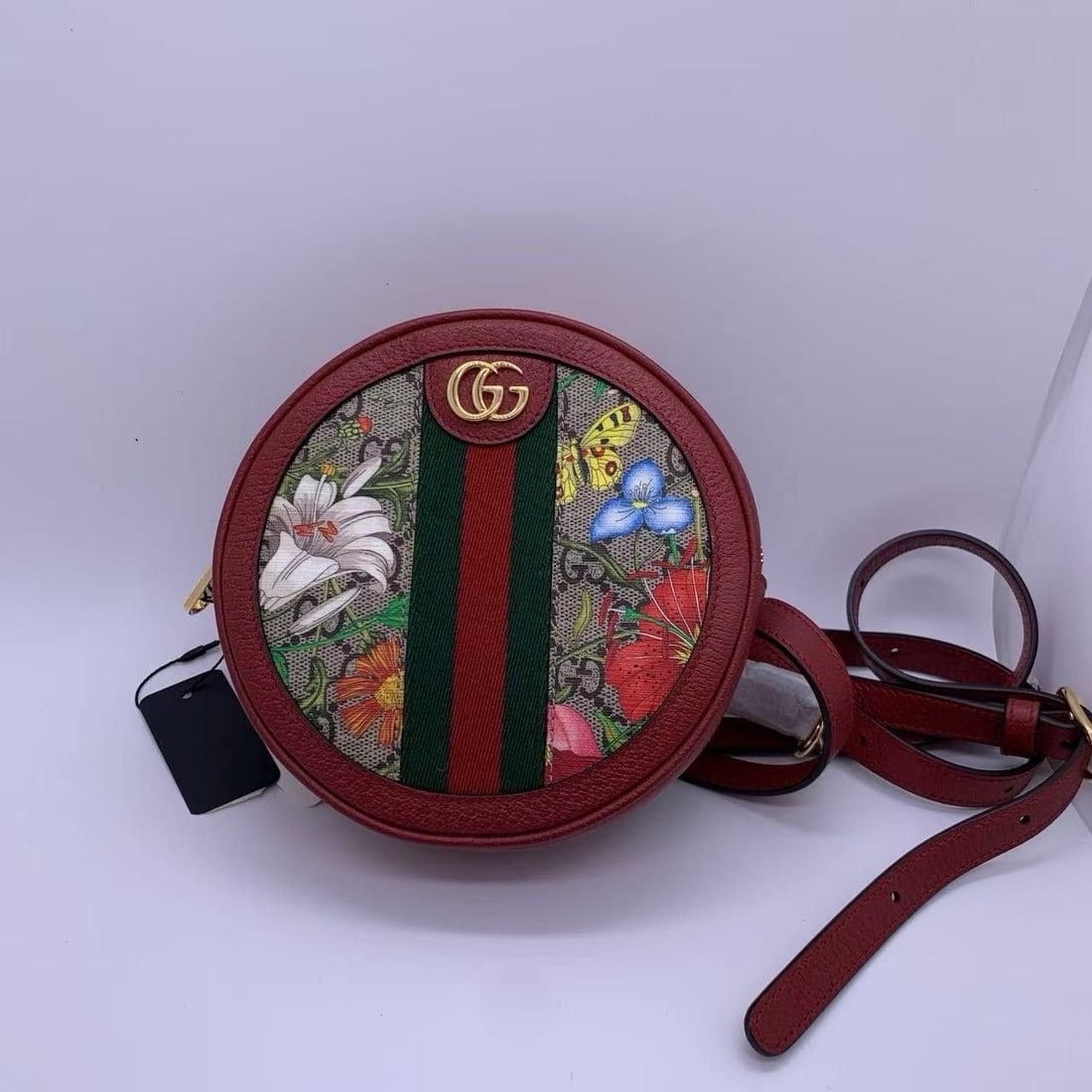 Gucci Ophidia GG Flora Round Shoulder Bag Red Leather Web: Normal signs of daily use