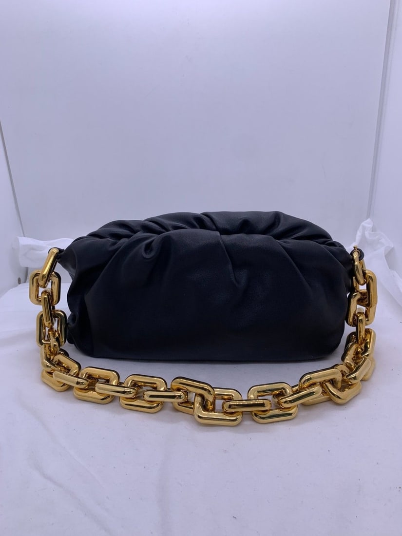 Bottega Veneta Chain Pouch Clutch Black Leather Gold Chain Shoulder Bag Italy: Normal signs of use, worn chain, scratches on hardware, clean interior.