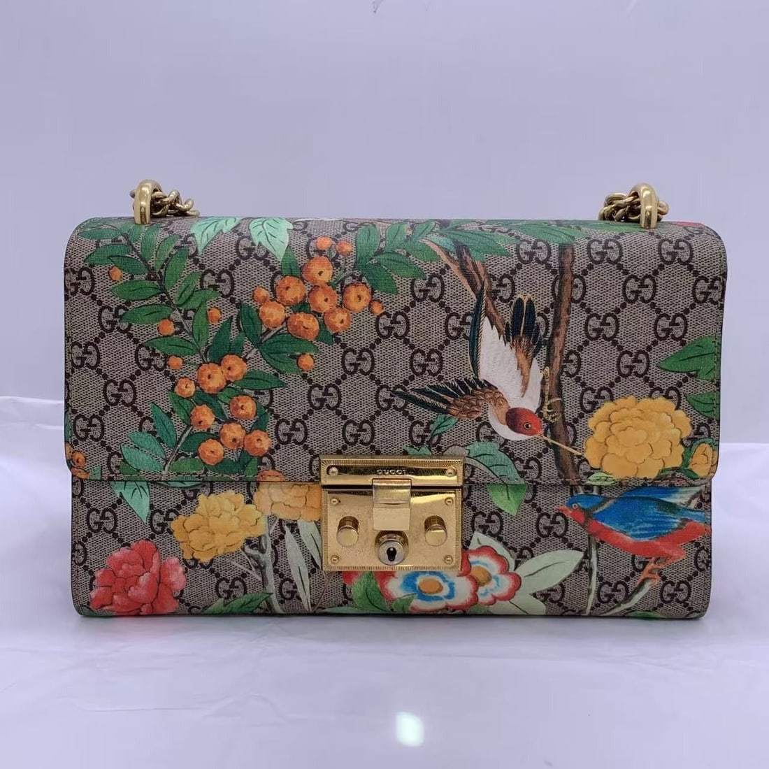 Gucci GG Supreme Tian Padlock Large Shoulder Bag Mint Red chain bag: Normal use traces, slight wear on the edges, hardware with oxidation stains, details as shown in the picture.