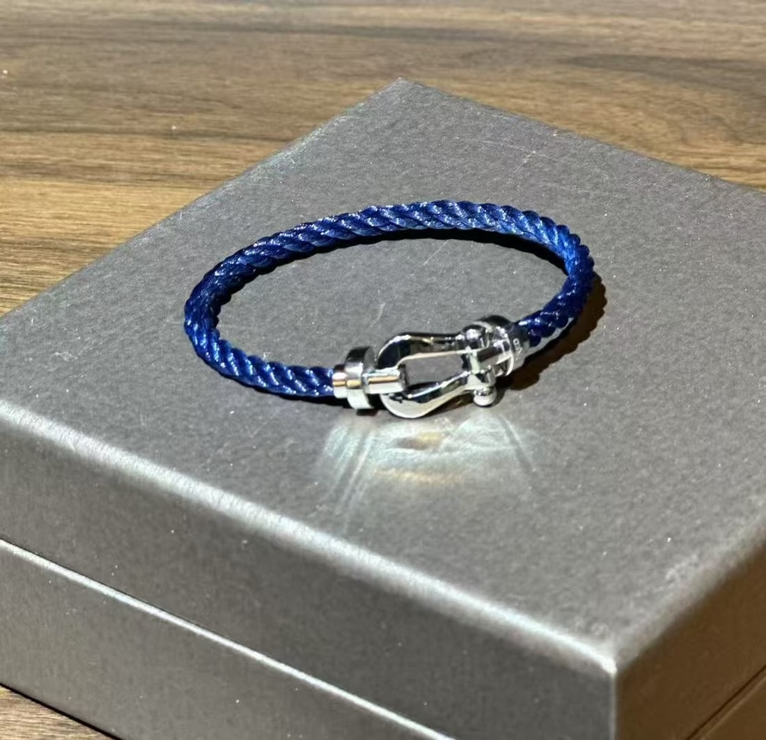 Fred Force 10 Bracelet, 18K White Gold, Large Size, Blue Cord, Size 16: Fred Force 10 Bracelet, 18K White Gold, Large Size, Blue Cord, Size 16??Minor signs of normal wear