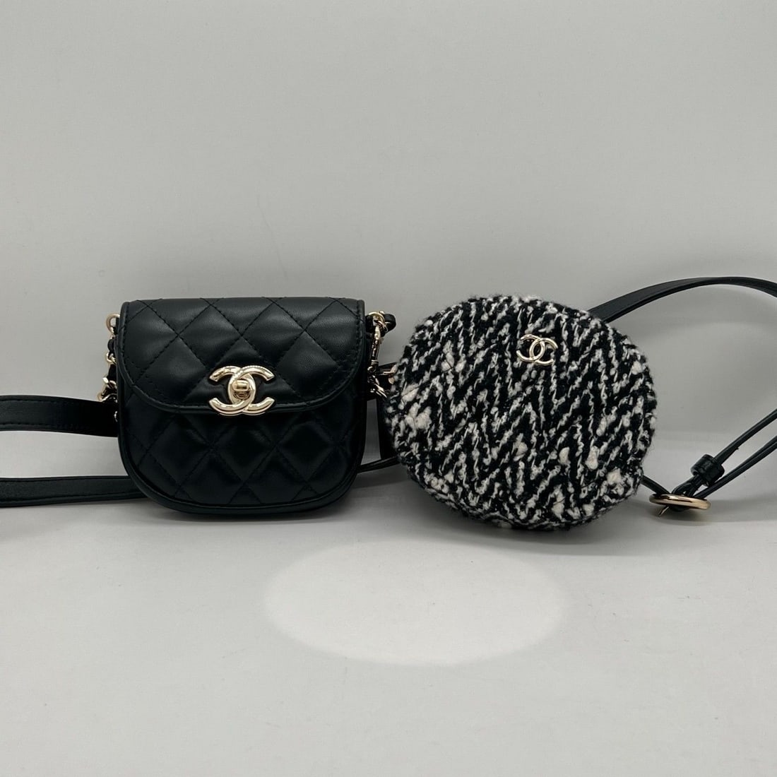 Chanel Quilted Lambskin Waist Bag with Tweed Coin Purse Black GHW: Normal wear and tear, minor scratches on metal fittings, clean inside and out.