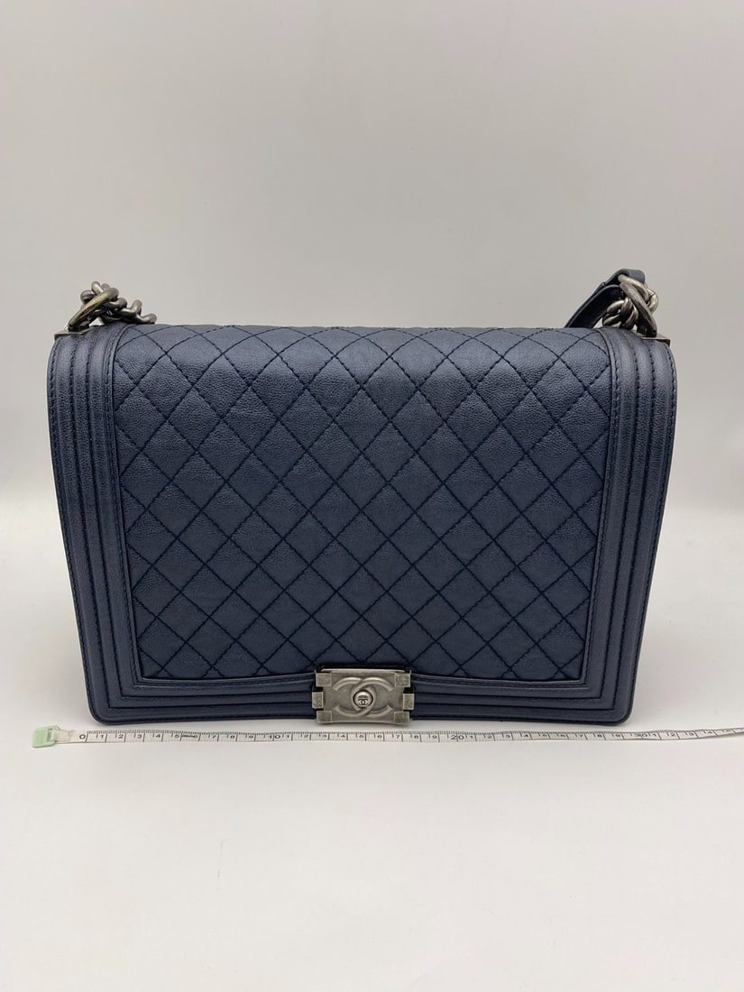 Auth Chanel Boy Navy Blue Lambskin Chain Shoulder Bag GHW Origin Italy: Condition: Good, normal use marks, hardware scratches, four corner wear,clean inside