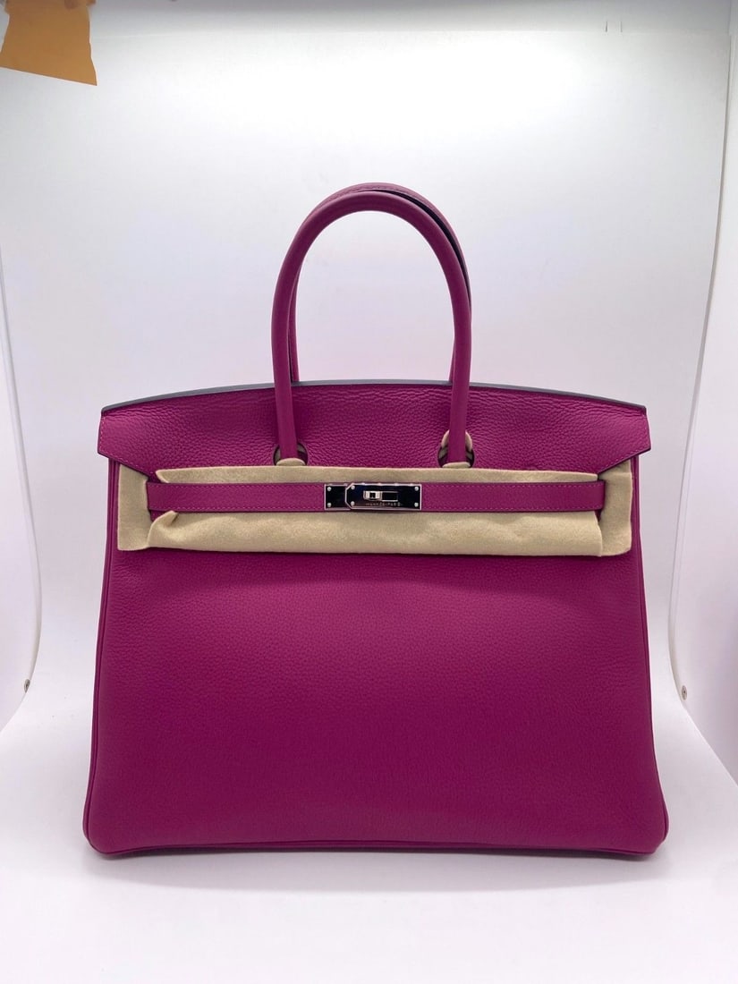 Auth Hermes Birkin 35 Handbag Togo Leather Pourpre PHW France: Normal signs of wear, clean interior, scratches on hardware, slight corner wear.