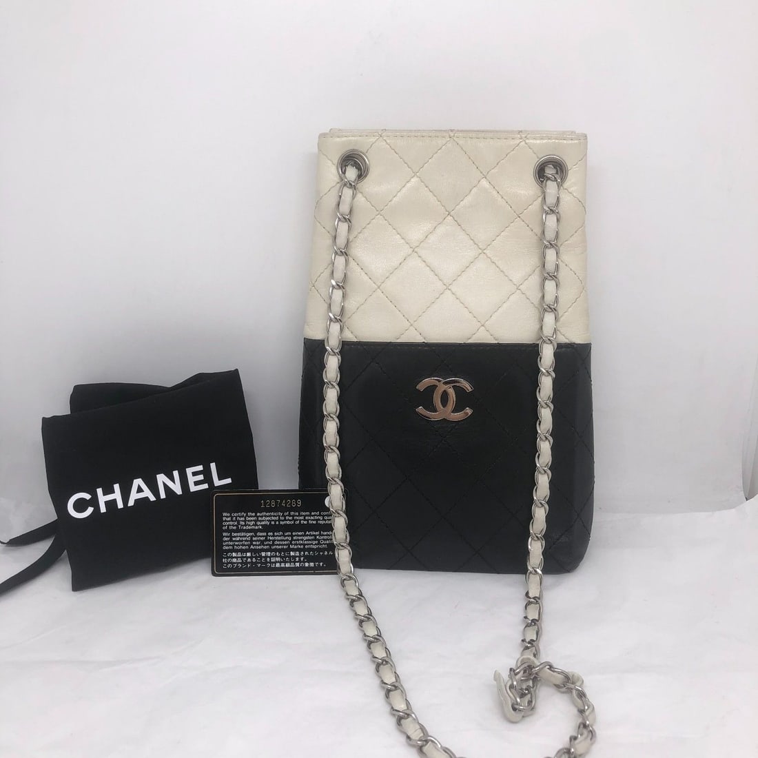 CHANEL Black White Lambskin Leather Lady Bag Silver hardware France: Fari,Signs of normal use, with partial damage to the leather, wear on the hardware, and stains inside. For details, please refer to the pictures.