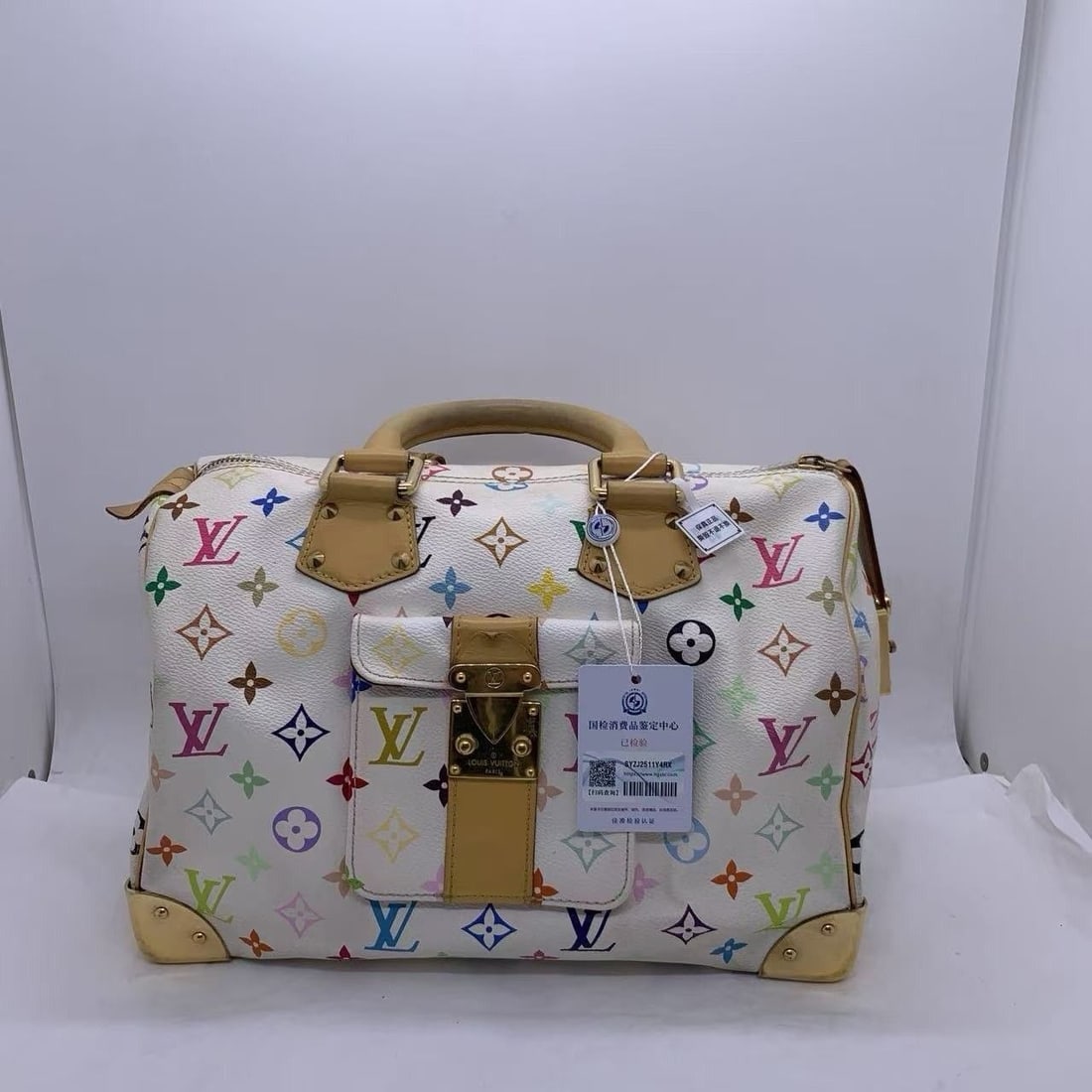 LOUIS VUITTON Speedy30 Multicolor Monogram Handbag Boston Bag White France: LOUIS VUITTON Speedy30 Multicolor Monogram Handbag Boston Bag White France??The body of the bag is irregularly dyed red, with wear and scratches on the corners and hardware, Coloring and refinishing f