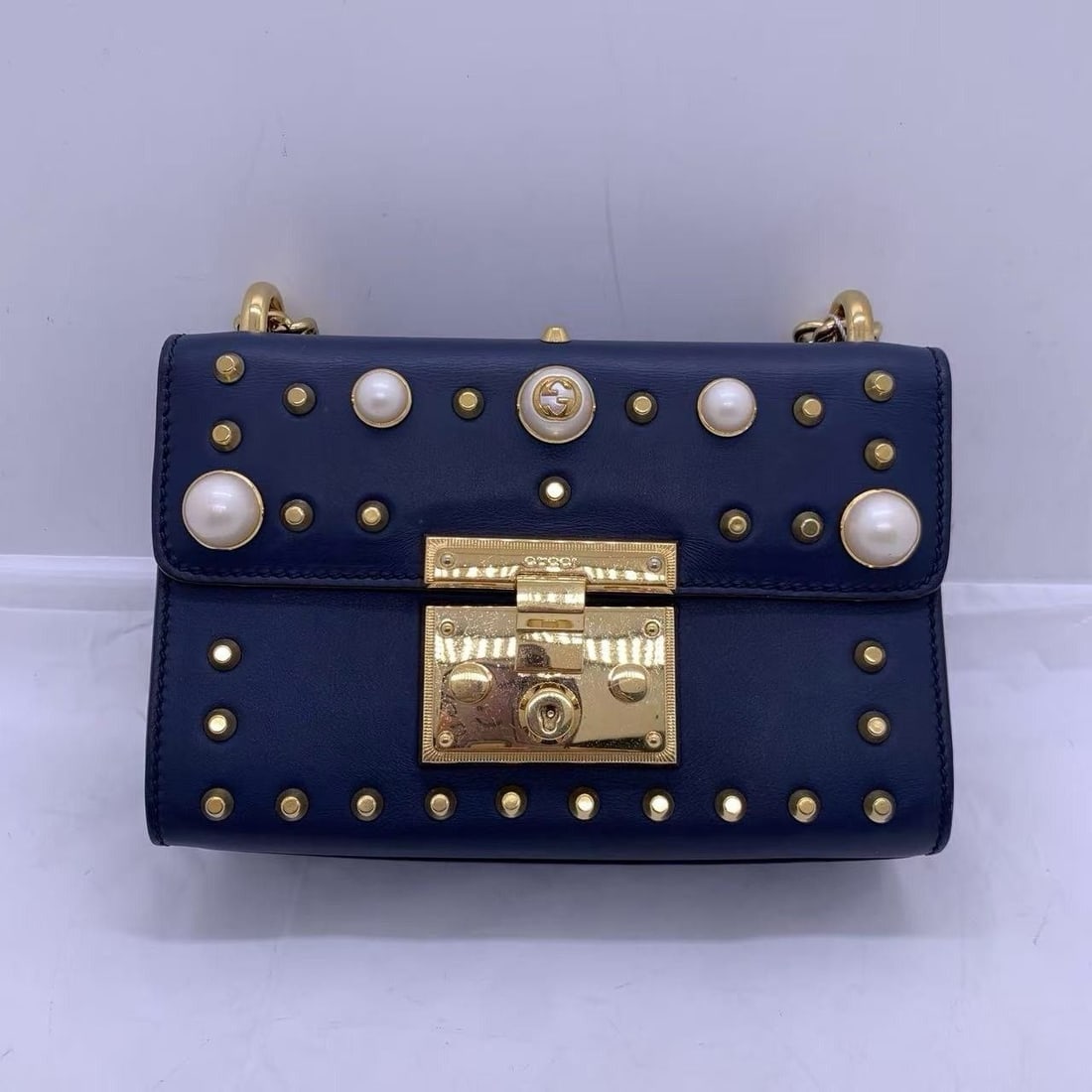 Gucci Pearly Padlock Shoulder Bag Studded Leather Small Blue Origin Italy: Normal signs of daily use