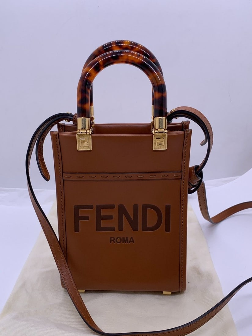 Fendi Mini Sunshine Shopper tote bag brown calfskin leather shoulder bag Italy (1 of 20)