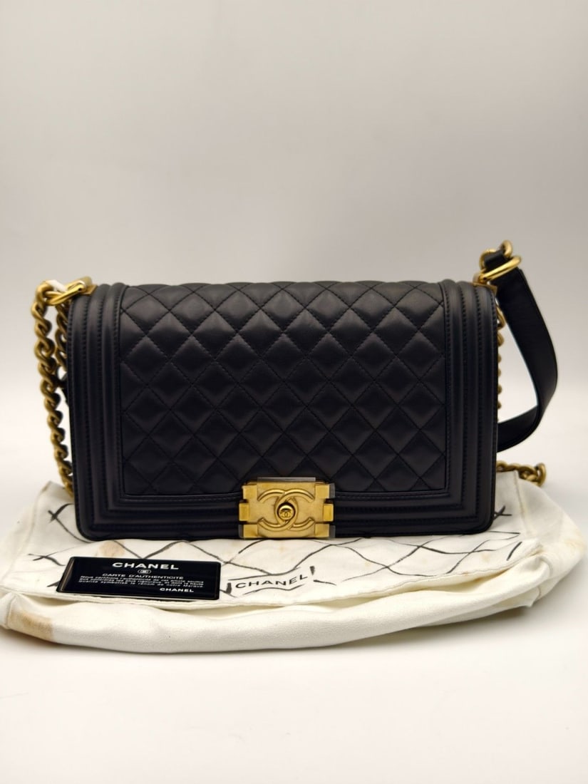 Chanel Boy Bag Black Quilted Lambskin Medium Flap Chain Bag Gold Hardware: Normal signs of wear, hardware scratches, chain wear, and clean interior.