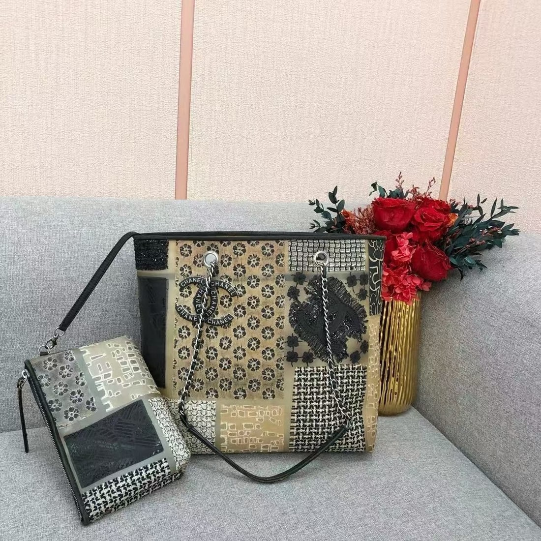 Authentic CHANEL PVC Tweed Patchwork Jumbo Single Flap Black Shoulder Bag Italy: Condition: Good, normal use marks, hardware scratches, four corner wear, slight stains, yellowing