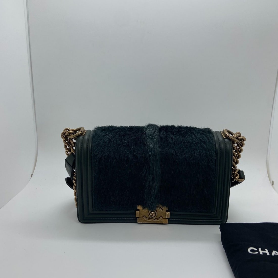 CHANEL Boy Flap Bag Dark Green Calfskin & Fur Aged Gold Hardware (1 of 20)