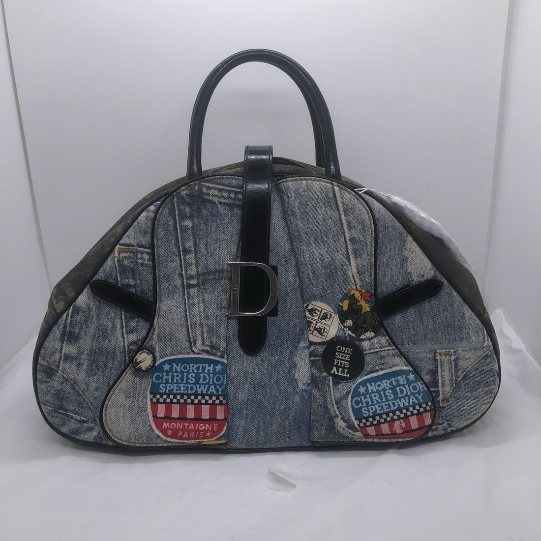 Christian Dior Vintage Double Saddle Leather Denim Handbag Bowler Bag Italy: Fari,Signs of normal use, scratches on the hardware, minor splits on a small part of the leather, and the interior is clean. For details, please refer to the pictures.