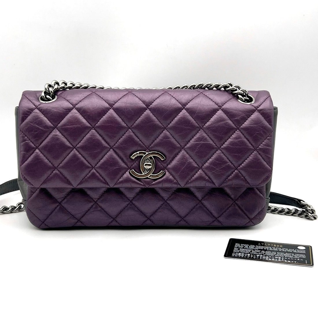 CHANEL Metallic Purple Quilted Aged Calfskin Bicolor Lady Pearly Flap Bag: Slight signs of use, scratches on hardware, wear on the chain, clean inside and out.