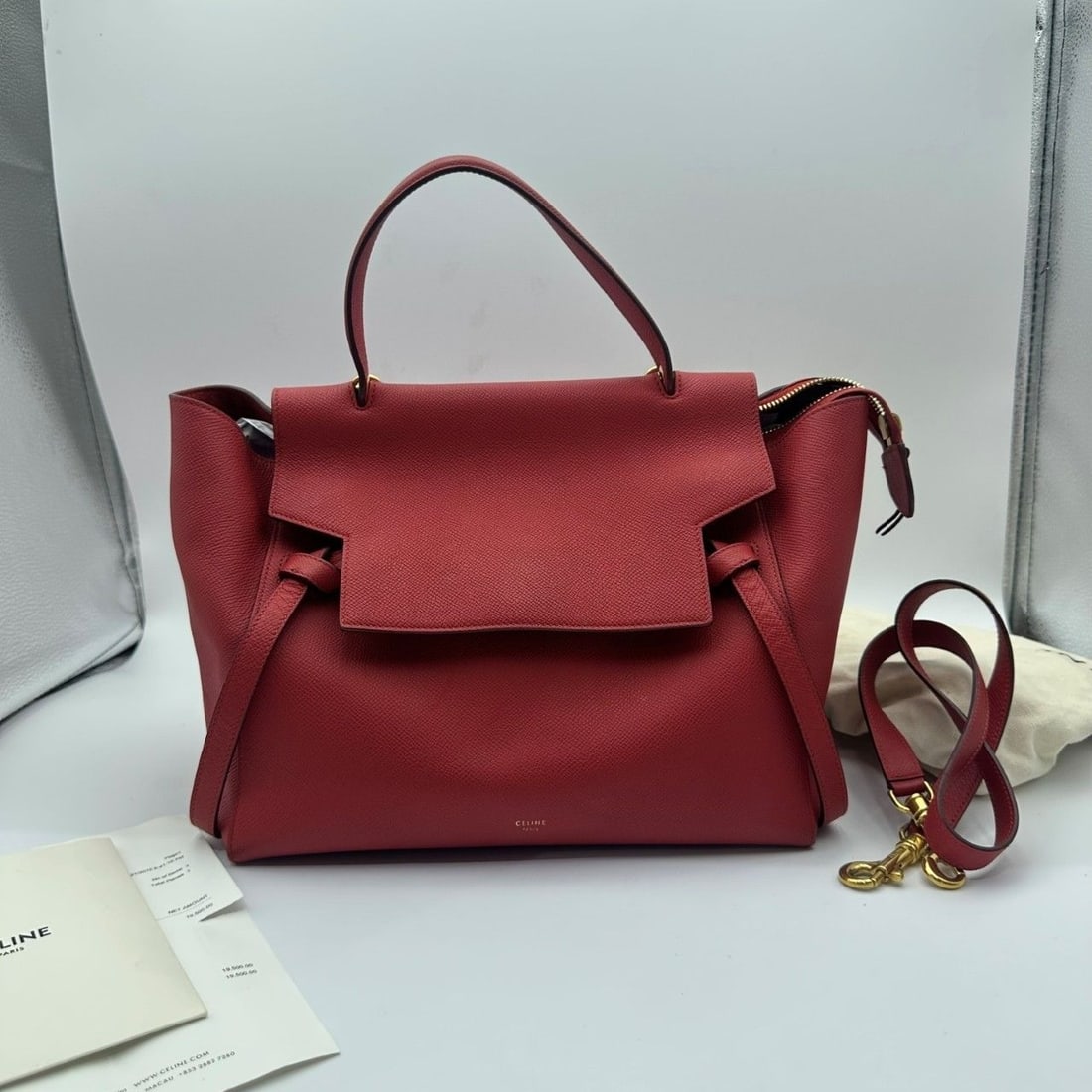 CELINE Belt Bag Shoulder Bag Mini red Leather Origin Italy: Fair condition, obvious signs of use, stains inside, scratches and stains on the leather surface, hardware scratches.
