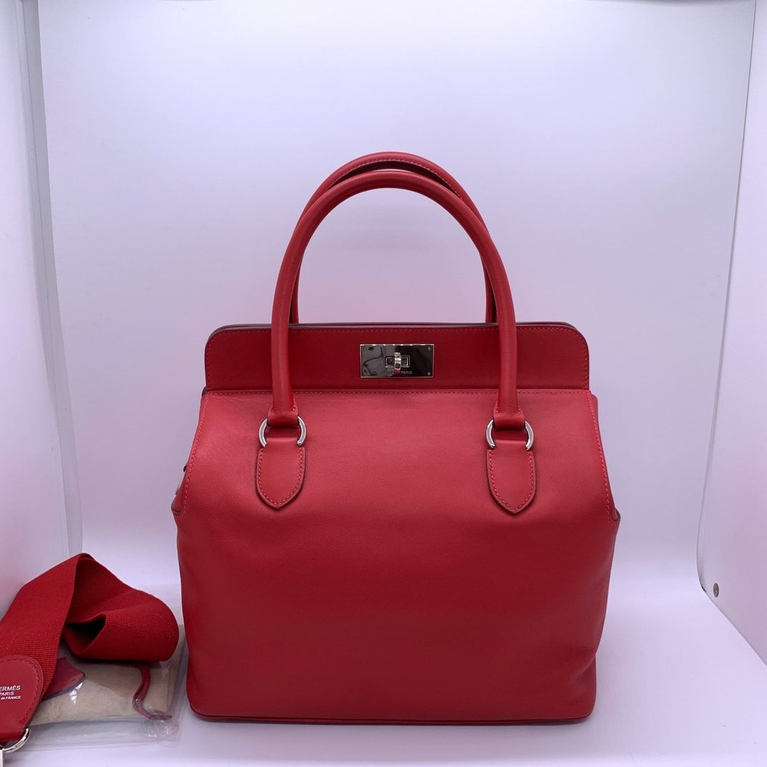 HERMES Swift Toolbox 26 Rouge Tomate Palladium HW Handbag Stamp P: Condition: Slight signs of use, clean inside and out.size: Width:26cm