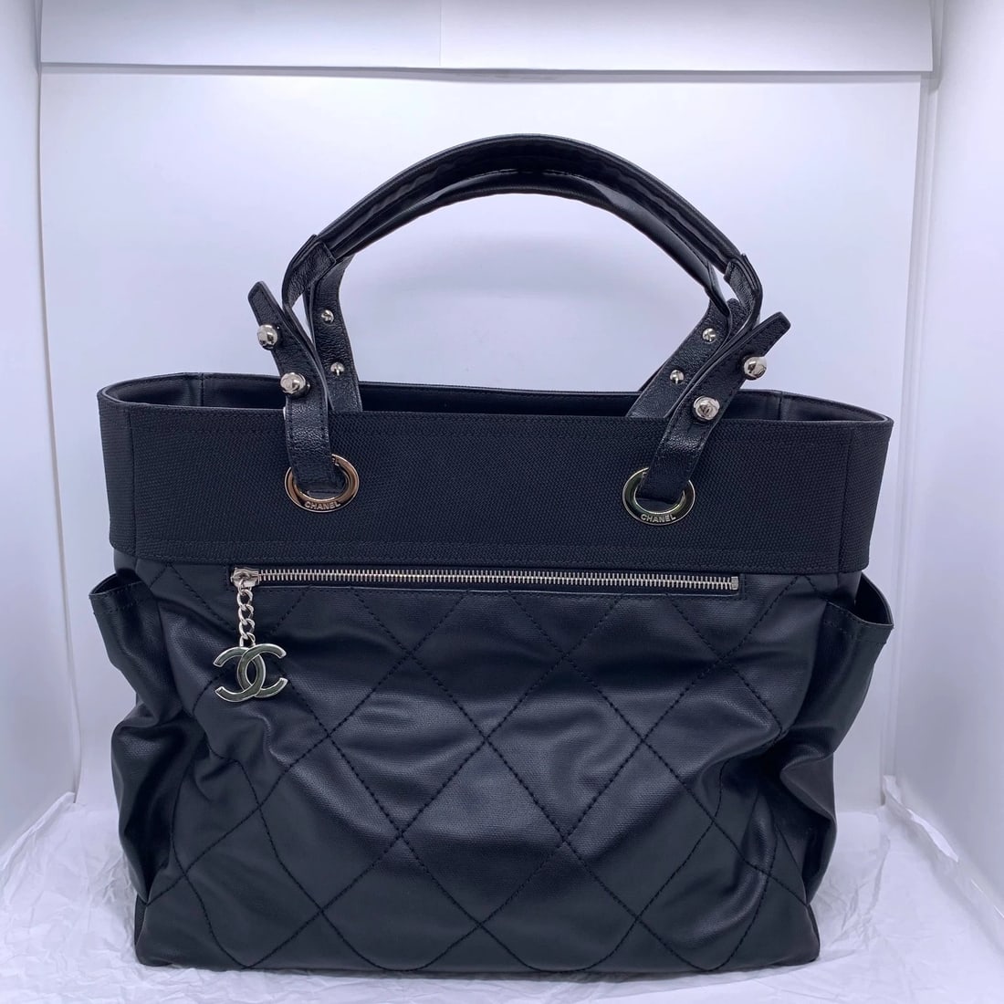 CHANEL Paris-Biarritz Tote Bag Black Quilted Coated Canvas Shopper SHW: Condition: Normal signs of use, corner wear, and scratches on the hardware.Stains inside.Accessories: No Accessoriessize: Width:36cm,height:30cmDesigner: CHANELModel: Paris-Biarritz Tote BagExterior M