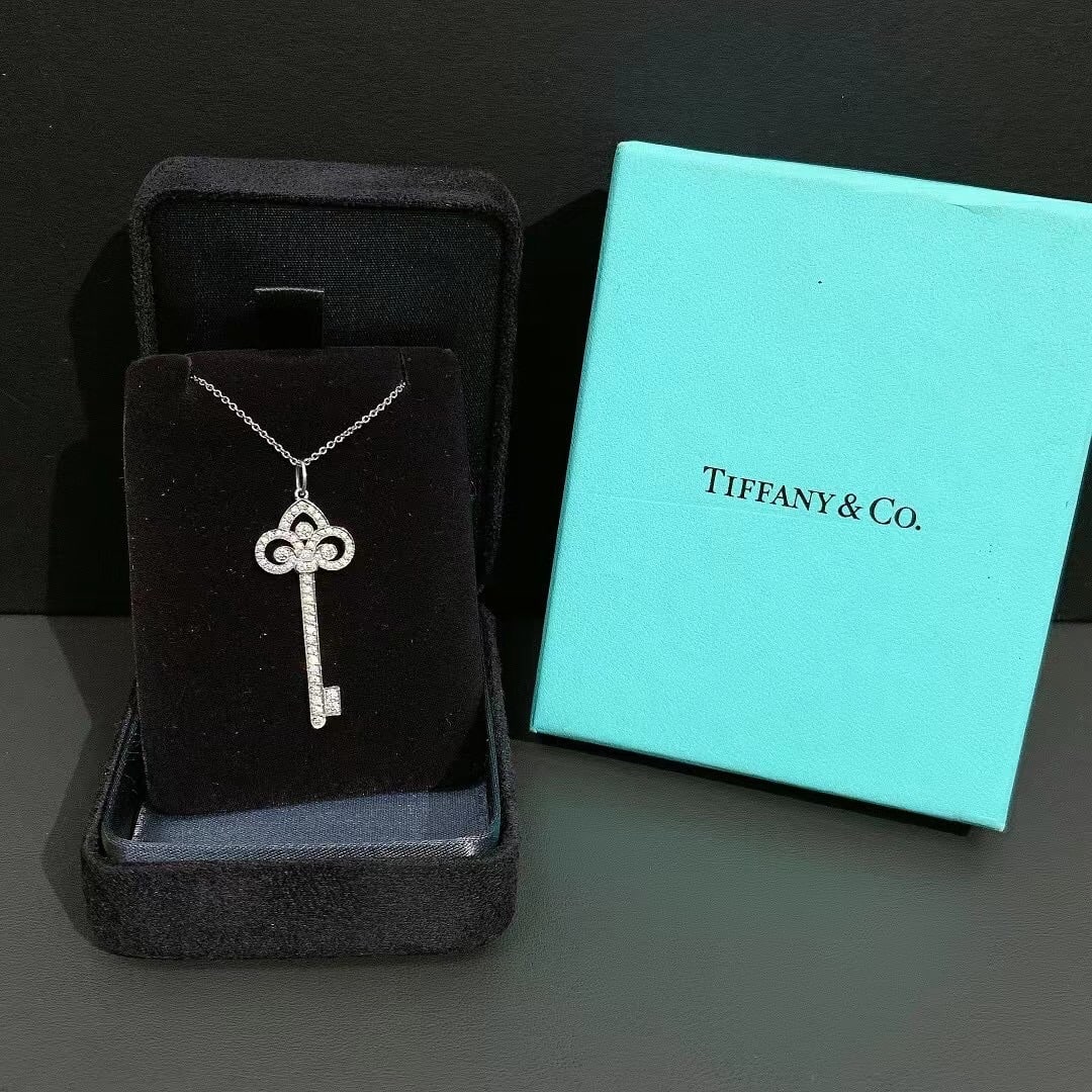 Tiffany & Co Round Nrilliant Diamonds Platinum Fleur de Lis Key Pendant Medium (1 of 5)