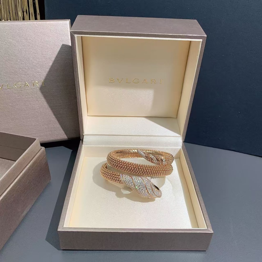 Bvlgari Serpenti Collection 18K Rose Gold Three-Coil Pave Diamond Bracelet: Bvlgari Serpenti Collection 18K Rose Gold Three-Coil Pave Diamond Spiga (Bead) Bracelet