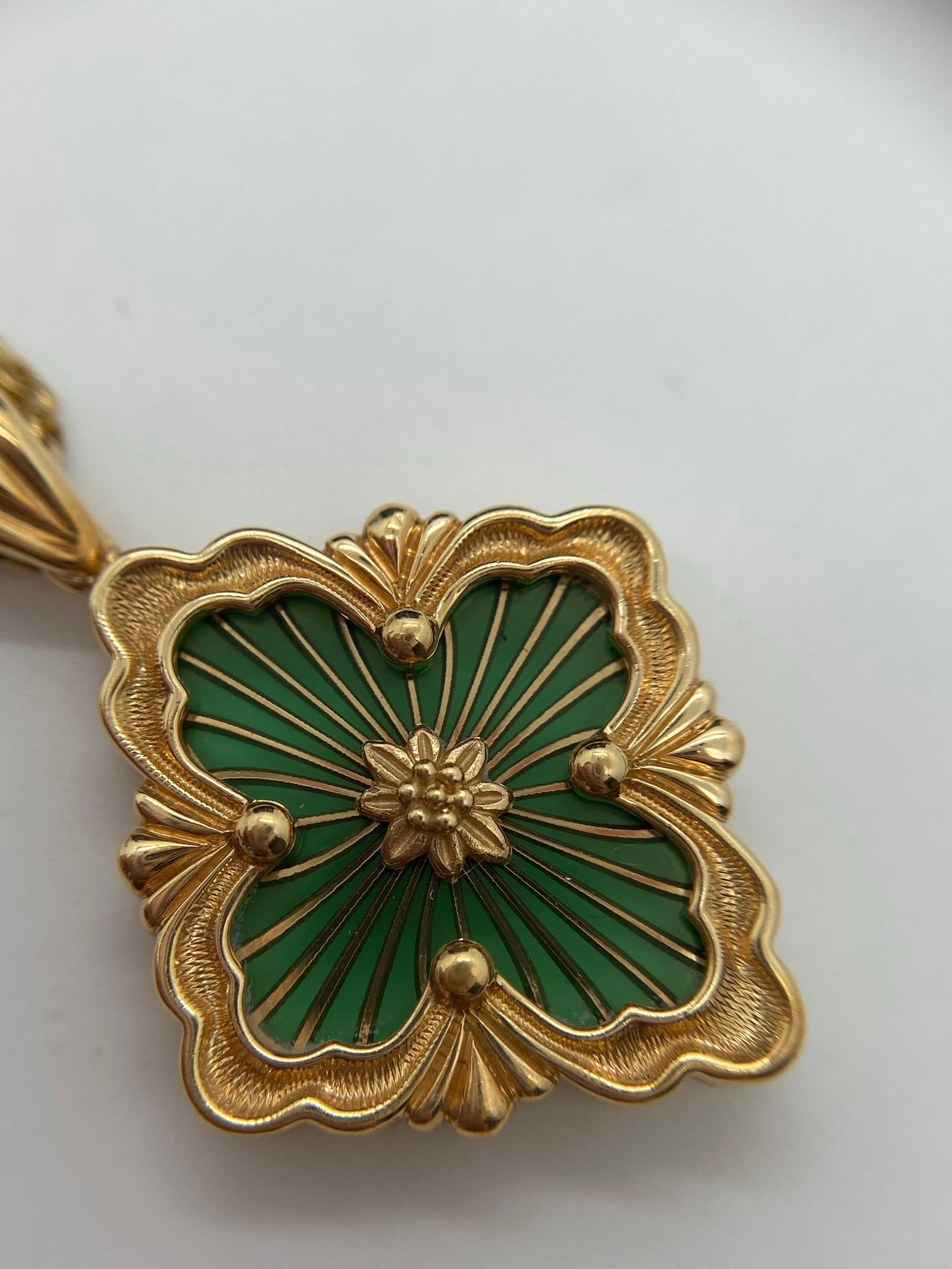 Buccellati Opera Tulle 18k Yellow Gold Green Enamel Pendant: Creator: BuccellatiMetal: Yellow GoldWeight: 13 gPeriod: 2010-Date of Manufacture: unknowCondition: Good. In original box.
