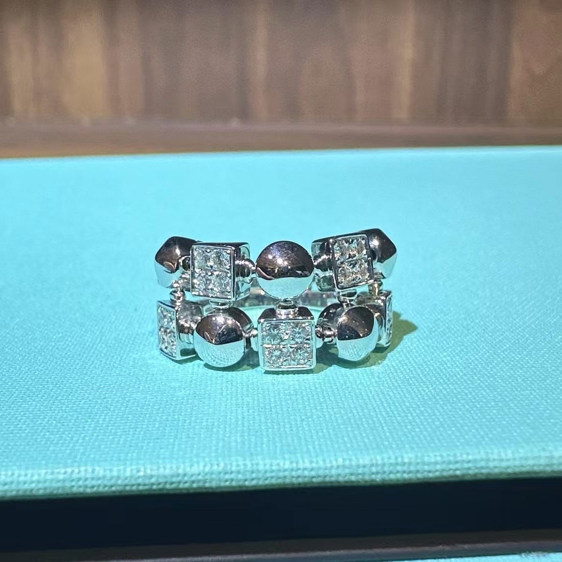 Bvlgari Vintage 18K White Gold Half-Pave Diamond Ring Size 50: Bvlgari Vintage 18K White Gold Half-Pave Diamond RingTimeless vintage allure. Crafted in solid 18K white gold, featuring a sophisticated half-pave setting with brilliant-cut diamonds that exude unders