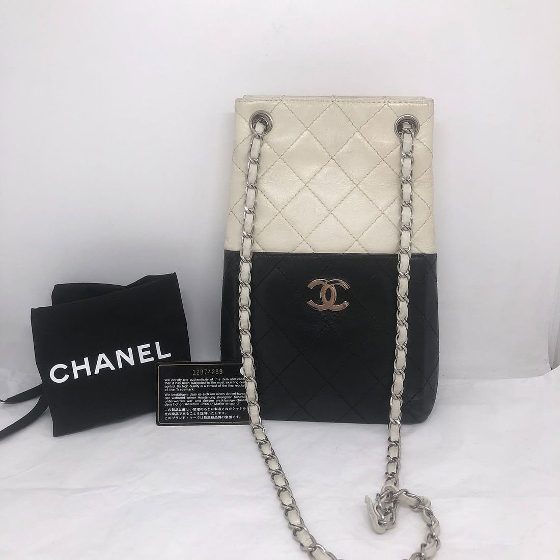 CHANEL Black White Lambskin Leather Lady Bag Silver hardware France: Fari,Signs of normal use, with partial damage to the leather, wear on the hardware, and stains inside. For details, please refer to the pictures.