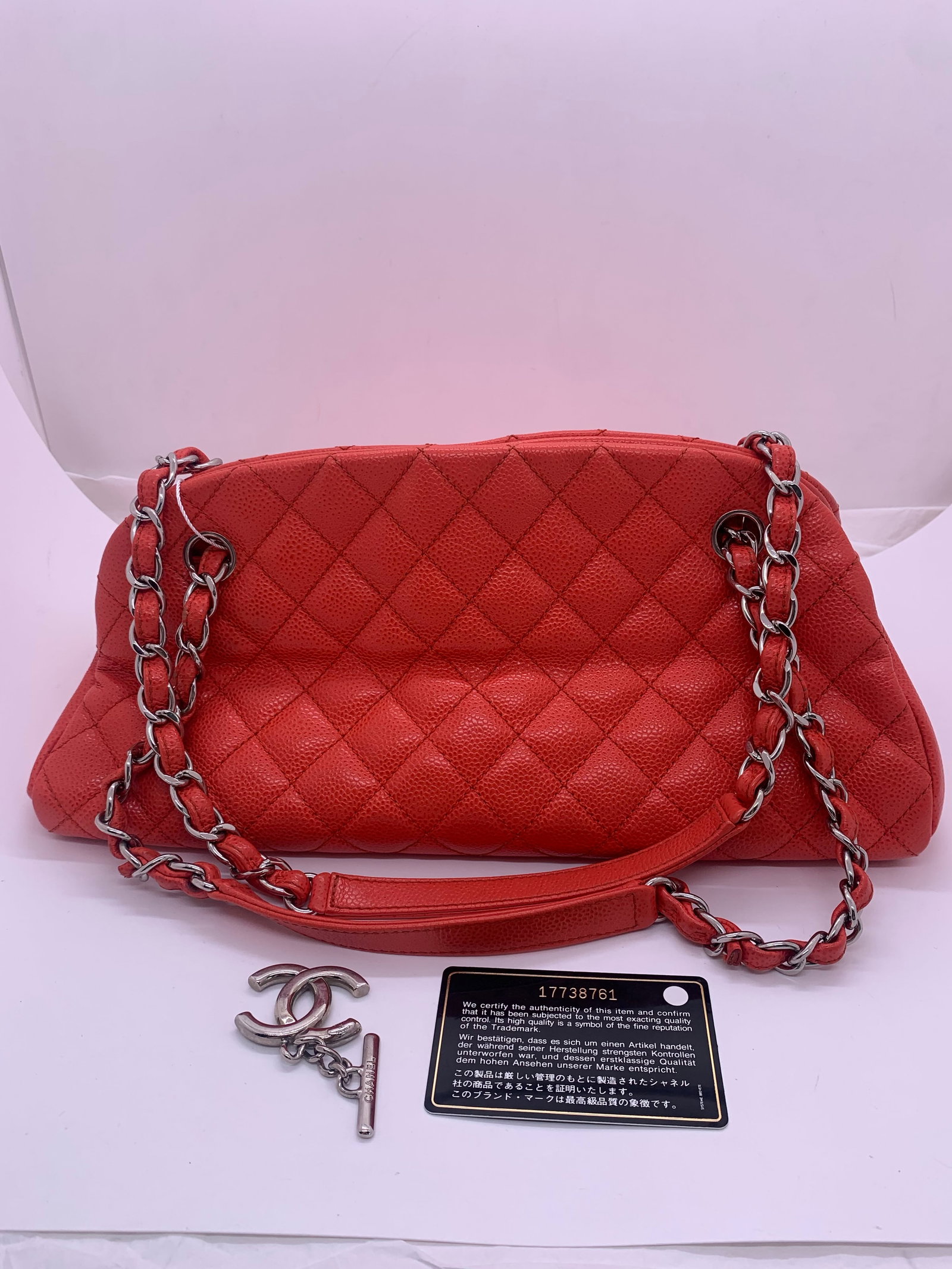 Chanel Just Mademoiselle Bowling Bag Red Caviar Leather Shoulder Tote: Condition:Normal signs of wear from regular use. Blackened wear on four corners, worn chain, scratches on metal hardware.size: Width:34cmDesigner: ChanelExterior Material: LeatherExterior Color: RedIn